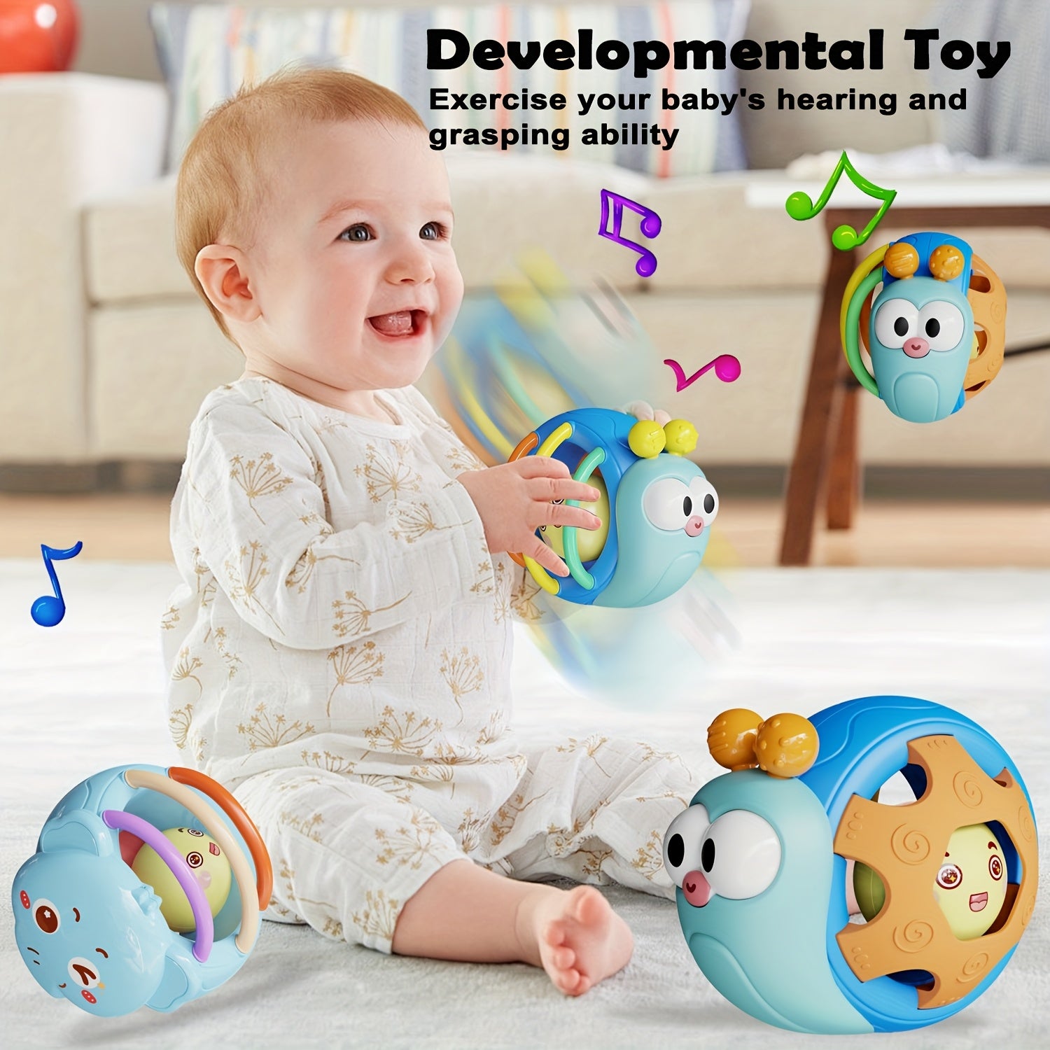 Hochet Musical Roulant Escargot pour Bébé 0-12 Mois - Jouet Sensoriel Interactif pour Apprendre à Ramper - Cadeau d'Éveil Garçons Filles