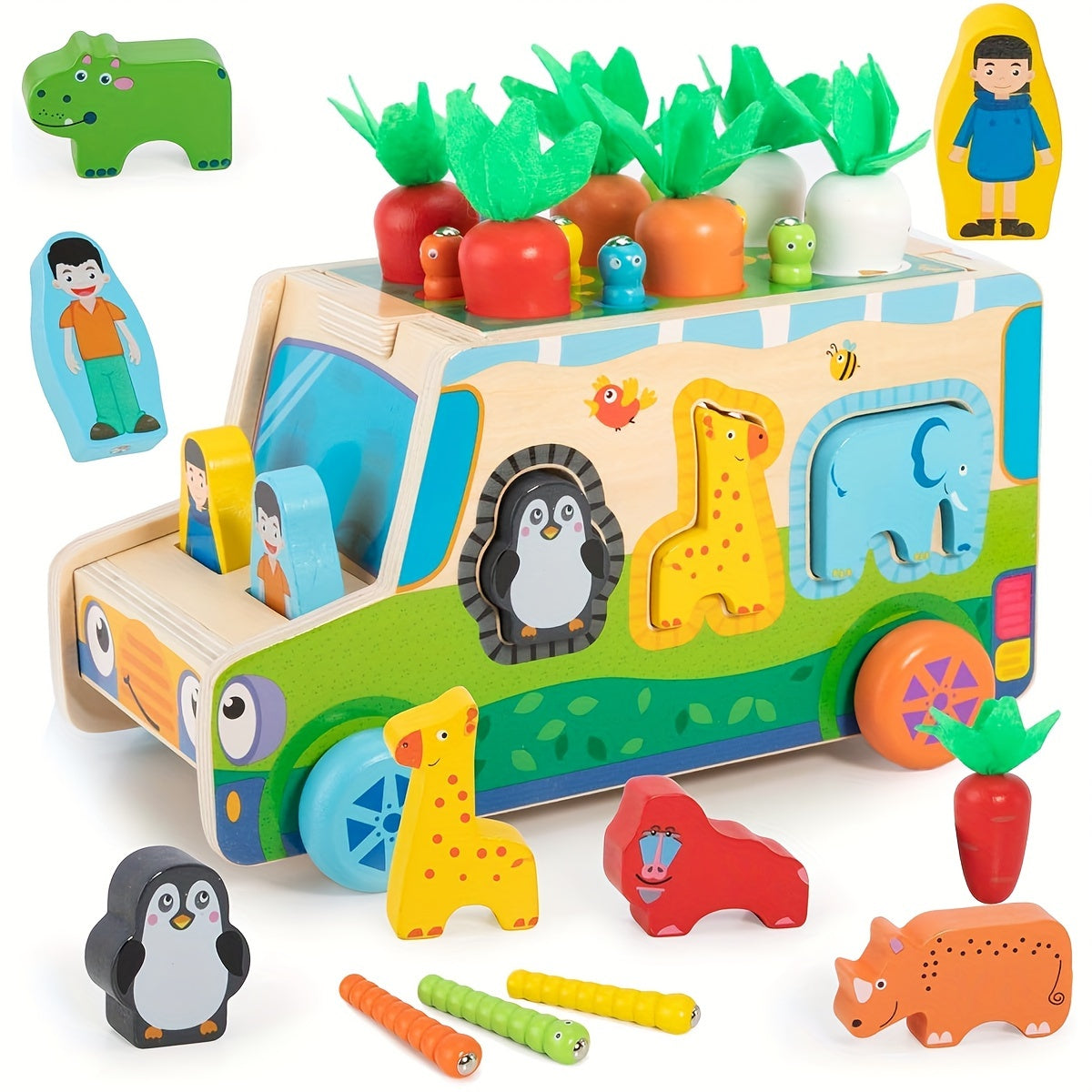 Jeu Éducatif en Bois 5-en-1 Montessori | Jeu de Tri de Formes de Légumes et Animaux de Ferme pour Garçons et Filles