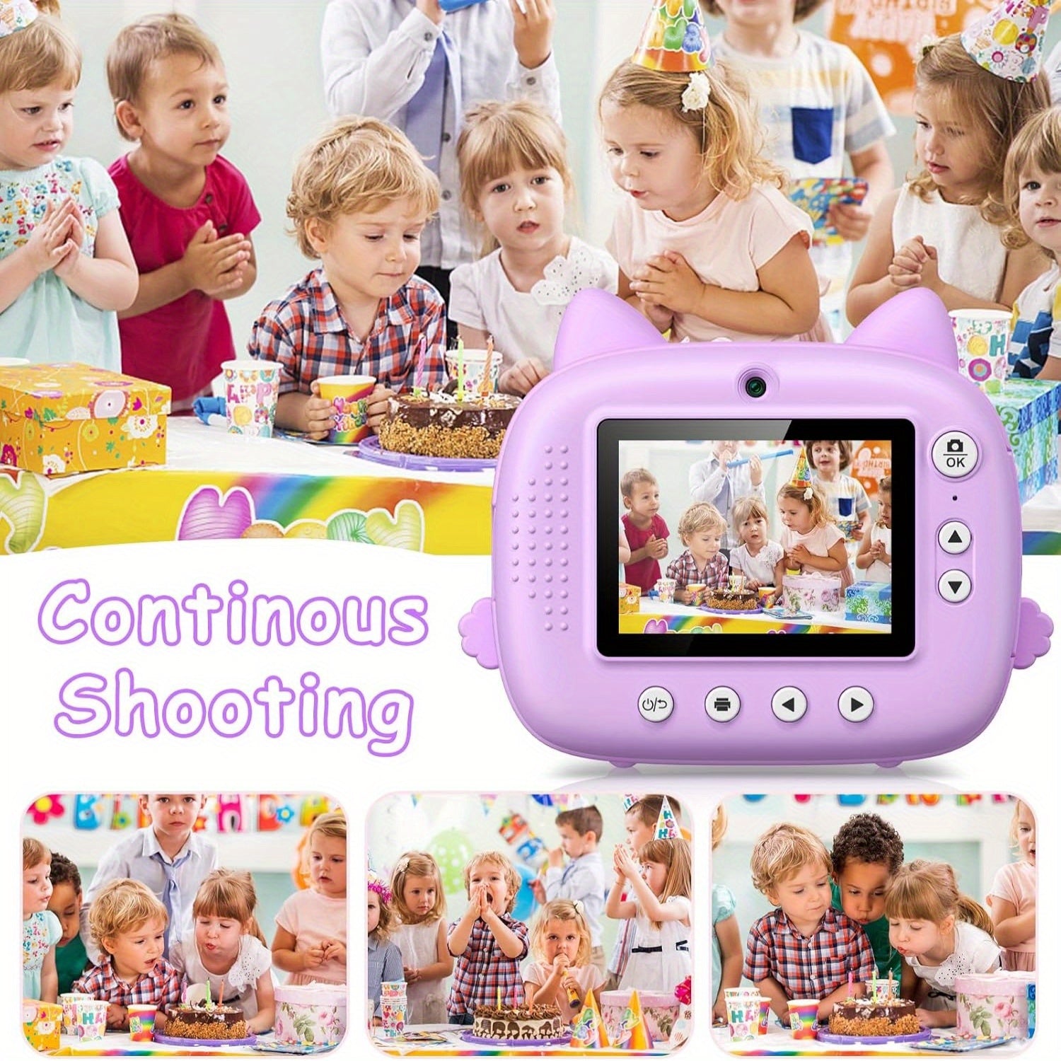Instant Print Camera en Videocamera voor Kinderen vanaf 3 Jaar - Dual-Lens Printcamera met Selfie Functie en 32GB Kaart - Schattige Kat Speelgoedcamera