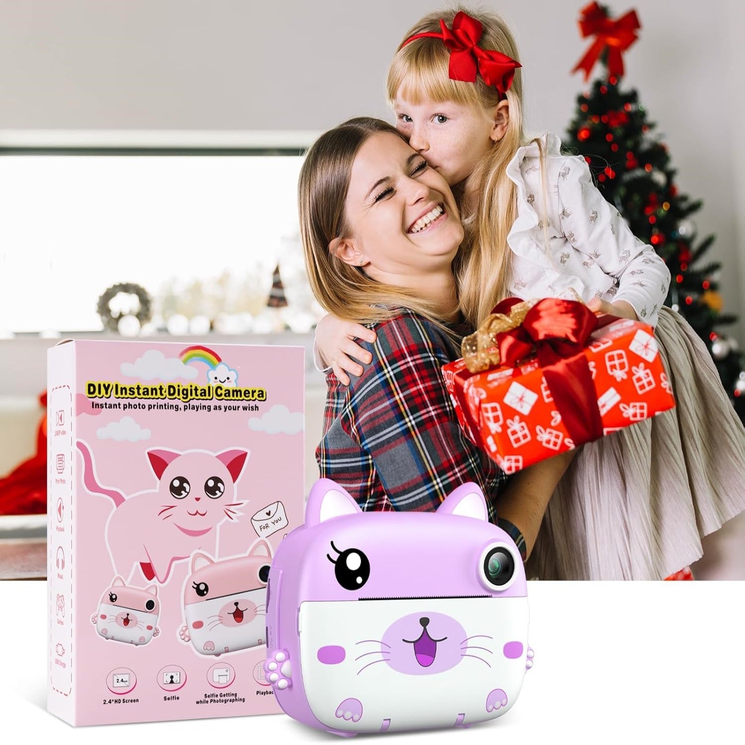 Instant Print Camera en Videocamera voor Kinderen vanaf 3 Jaar - Dual-Lens Printcamera met Selfie Functie en 32GB Kaart - Schattige Kat Speelgoedcamera