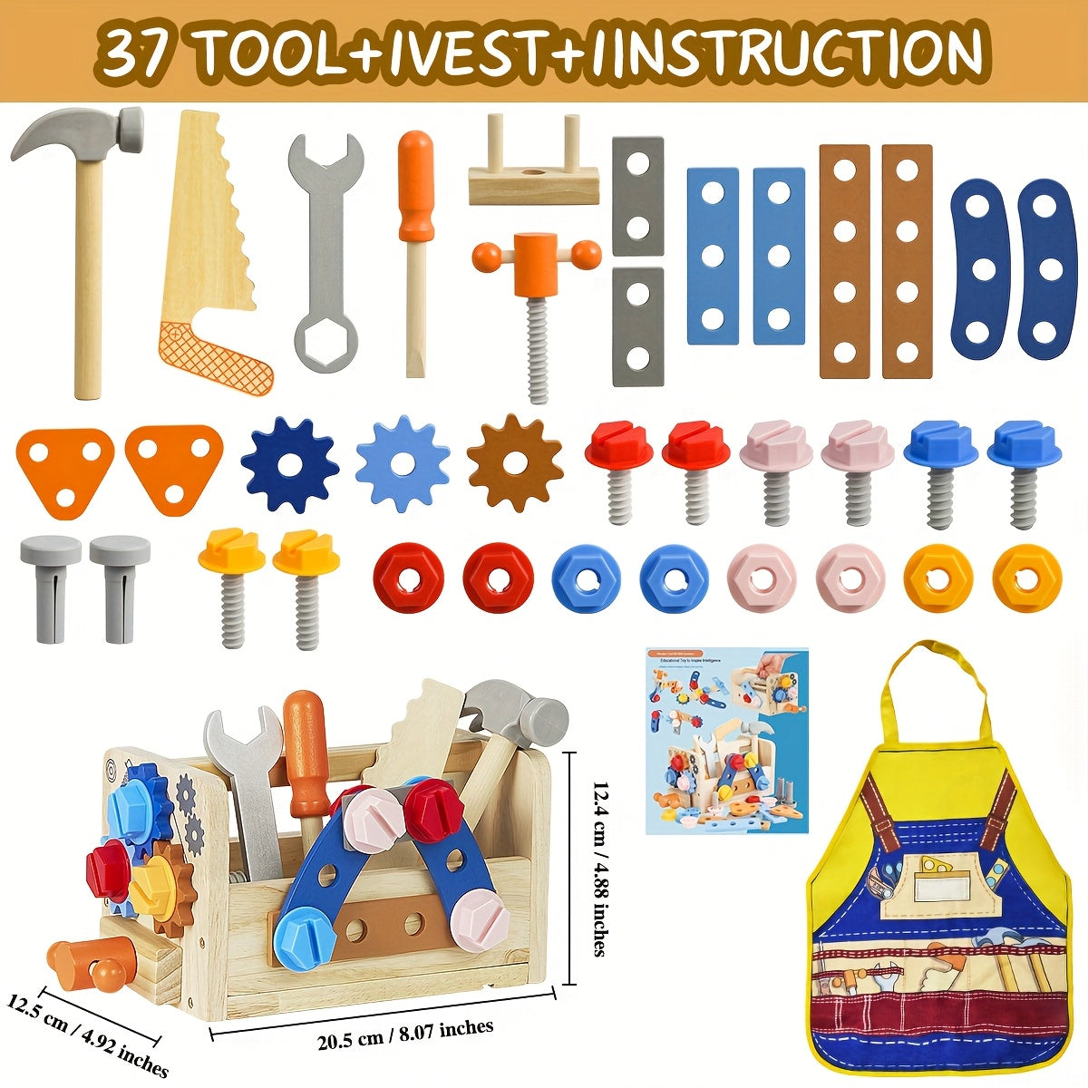 Établi d'Outils en Bois Montessori pour Enfants 3 Ans et Plus - Kit de Construction STEM 39 Pièces avec Boîte à Outils et Tablier - Cadeau Anniversaire Garçon Fille