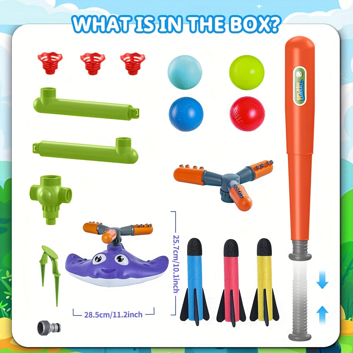 Jeu d’Arrosage 4-en-1 Base-ball & Lance-fusée pour Enfants | Jouet d’eau extérieur avec 3 jets, arroseur rotatif 360°, 3 fusées | Activité d’Été pour Jardin et Piscine