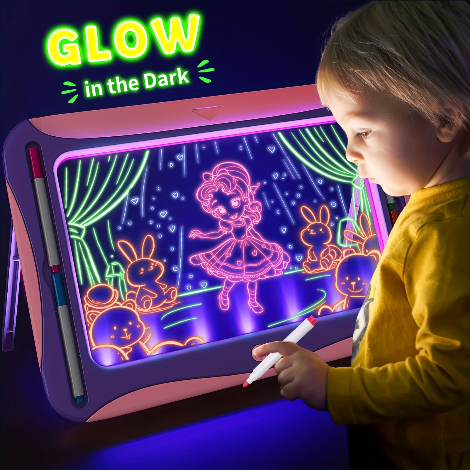 Tablette de dessin lumineuse LED | Planche à dessin magique avec 9 cartes recto-verso & 6 marqueurs – Jouet éducatif pour filles et garçons de 3 à 8 ans