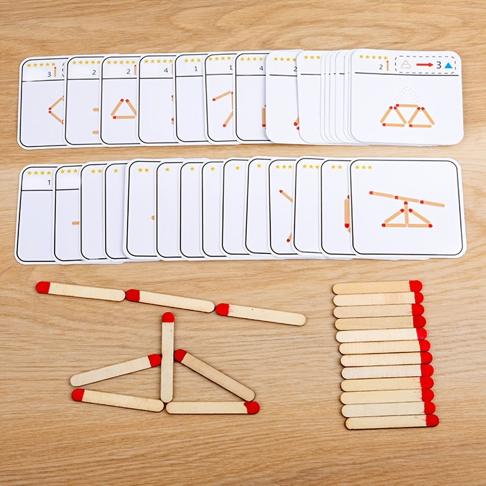 Puzzle en bâtonnets en bois - Jeu éducatif mathématique et géométrique avec cartes de logique King of Toys