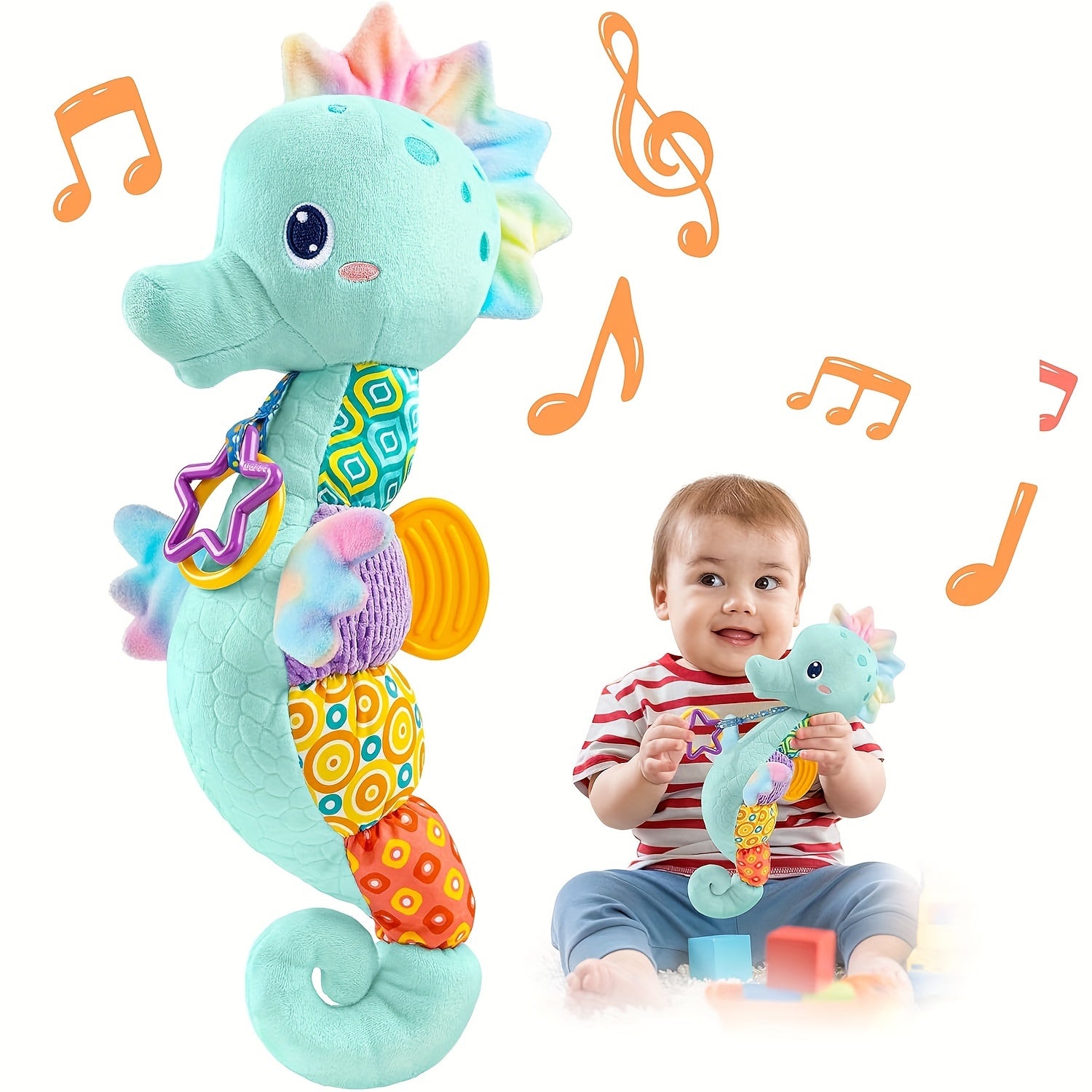Hippocampe Musical en Peluche pour Bébé - Jouet Sensoriel Doux avec Hochet et Sons Froissés pour Nouveau-Né Fille Garçon - Cadeau de Naissance