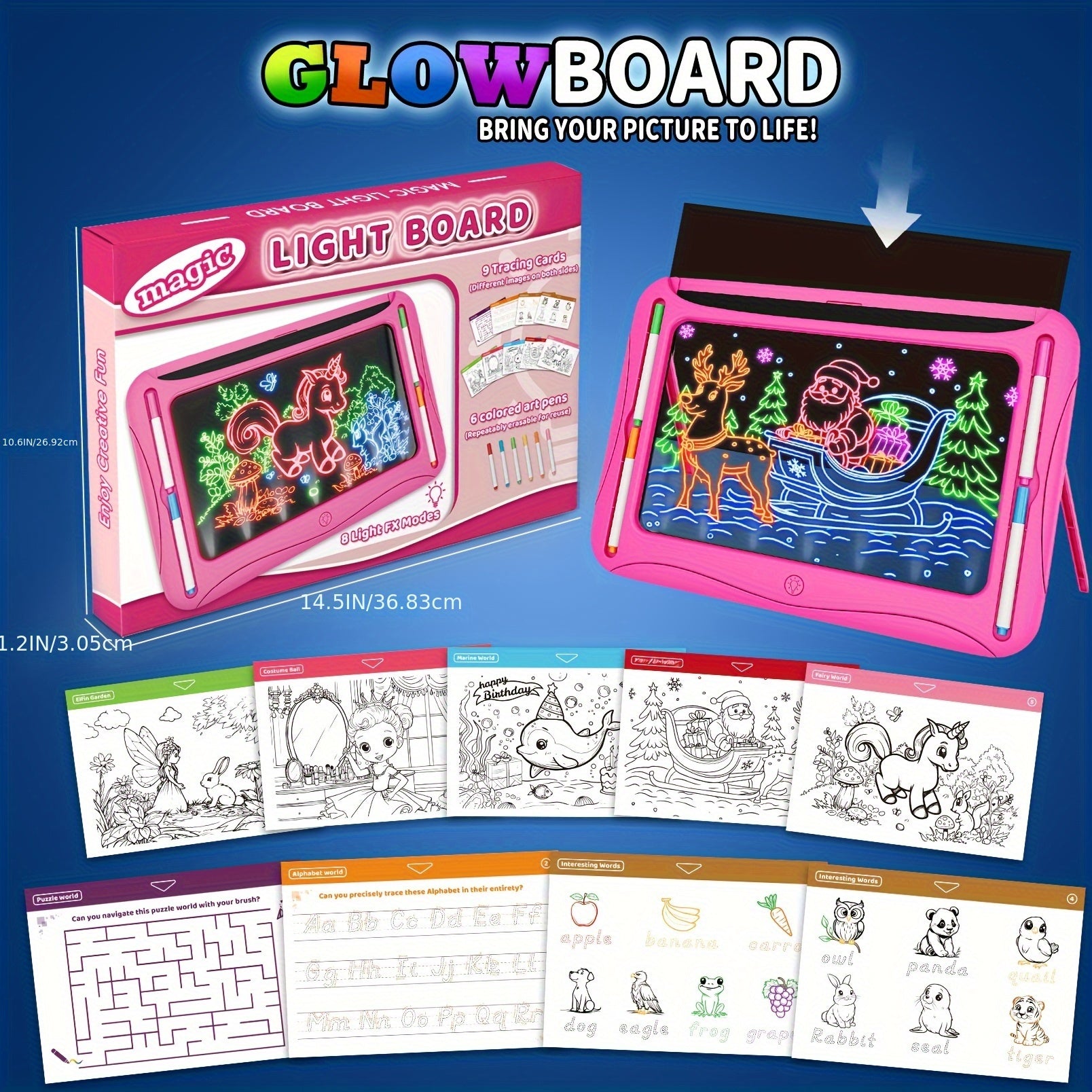 Tablette de dessin lumineuse LED | Planche à dessin magique avec 9 cartes recto-verso & 6 marqueurs – Jouet éducatif pour filles et garçons de 3 à 8 ans