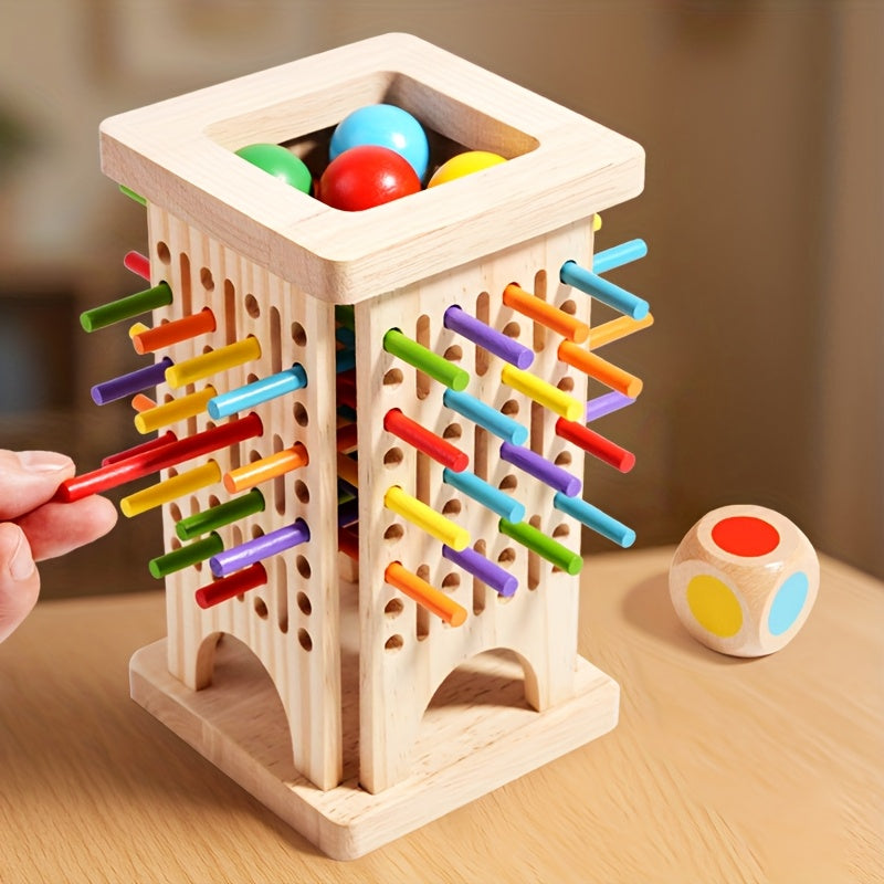 Jeu d'Adresse en Bois 3-en-1 "Tour à Bâtonnets" pour Enfants 3 Ans et Plus - Jeu de Réflexion et Sensoriel pour la Motricité Fine et les Couleurs