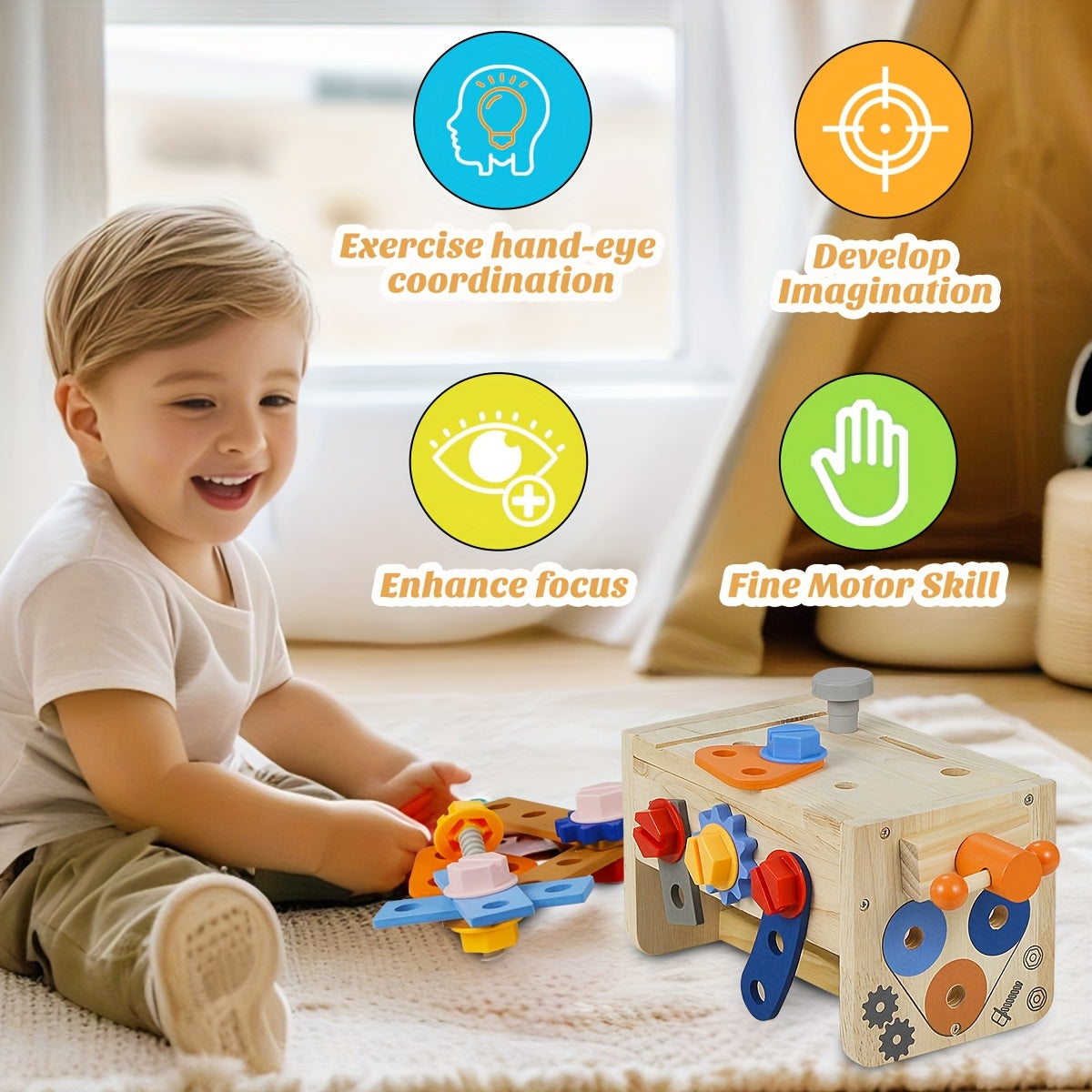 Établi d'Outils en Bois Montessori pour Enfants 3 Ans et Plus - Kit de Construction STEM 39 Pièces avec Boîte à Outils et Tablier - Cadeau Anniversaire Garçon Fille