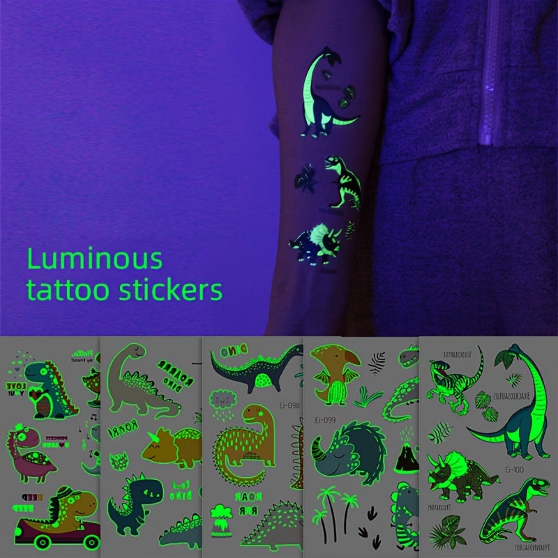 24 Feuilles de Tatouages Temporaires Lumineux de Dinosaures, Brillent dans le Noir, Parfaits pour Fêtes, Anniversaires, Halloween, et Décorations de Jungle King of Toys