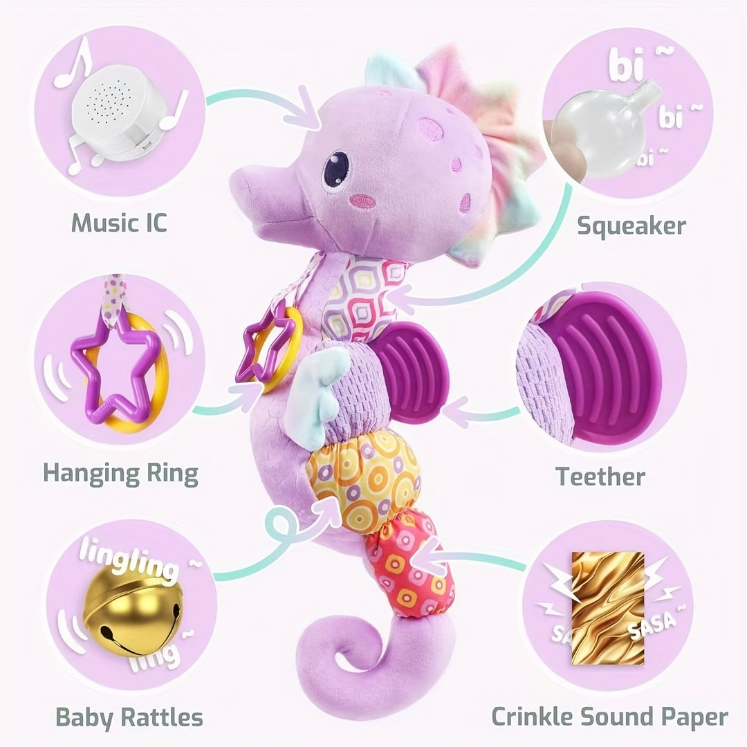 Hippocampe Musical en Peluche pour Bébé - Jouet Sensoriel Doux avec Hochet et Sons Froissés pour Nouveau-Né Fille Garçon - Cadeau de Naissance