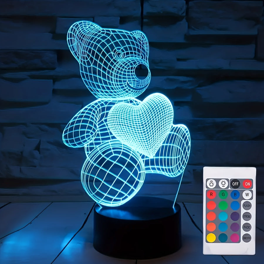 Veilleuse 3D Ours en Cœur | Lampe de chevet USB dessin animé avec 16 couleurs Idée Cadeau King of Toys