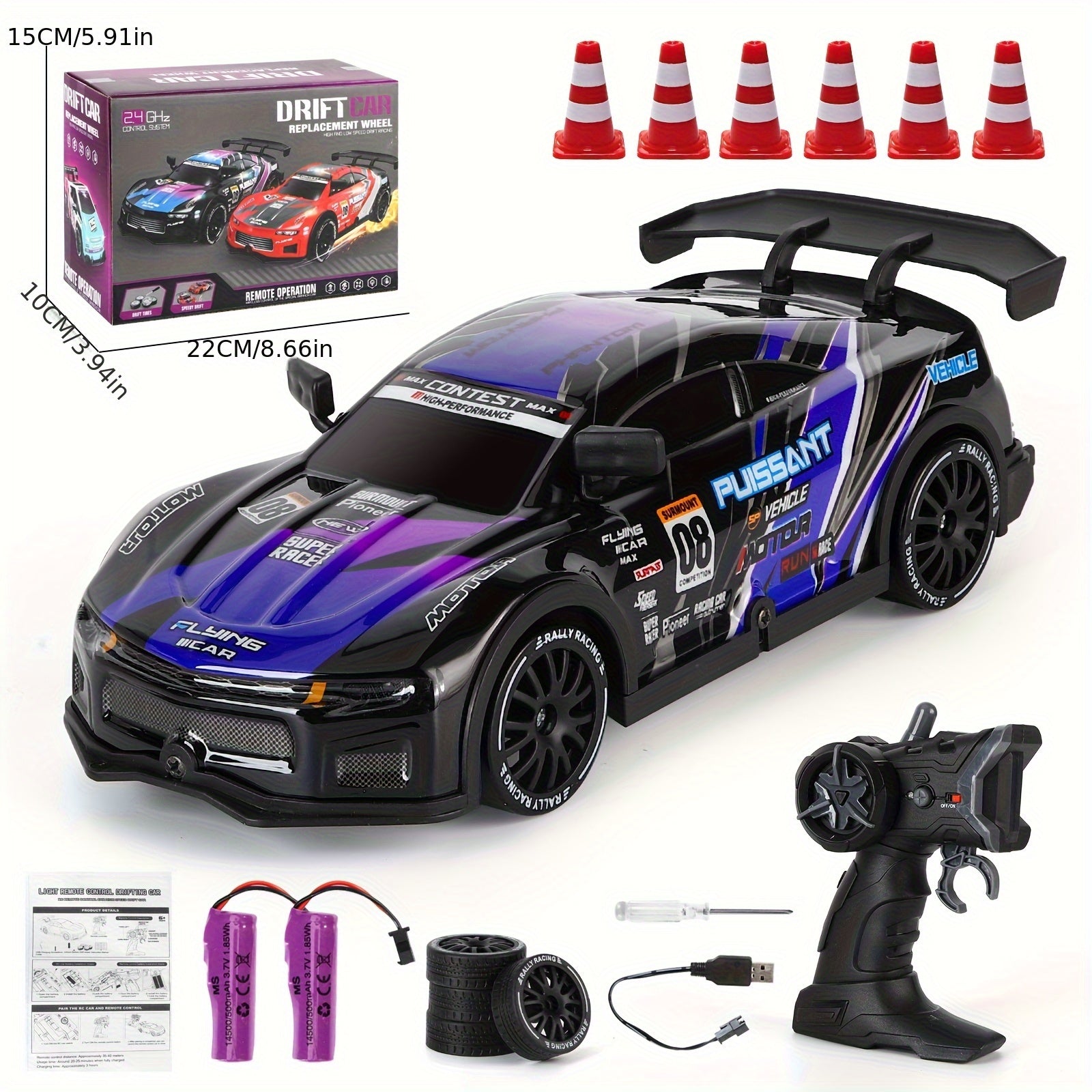 Voiture de drift télécommandée à grande vitesse avec lumières clignotantes LED - Mode Drift Batterie Li-Po rechargeable par USB, châssis robuste - Course pour enfants et adultes