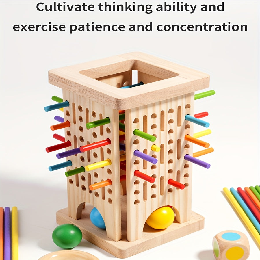 Jeu d'Adresse en Bois 3-en-1 "Tour à Bâtonnets" pour Enfants 3 Ans et Plus - Jeu de Réflexion et Sensoriel pour la Motricité Fine et les Couleurs