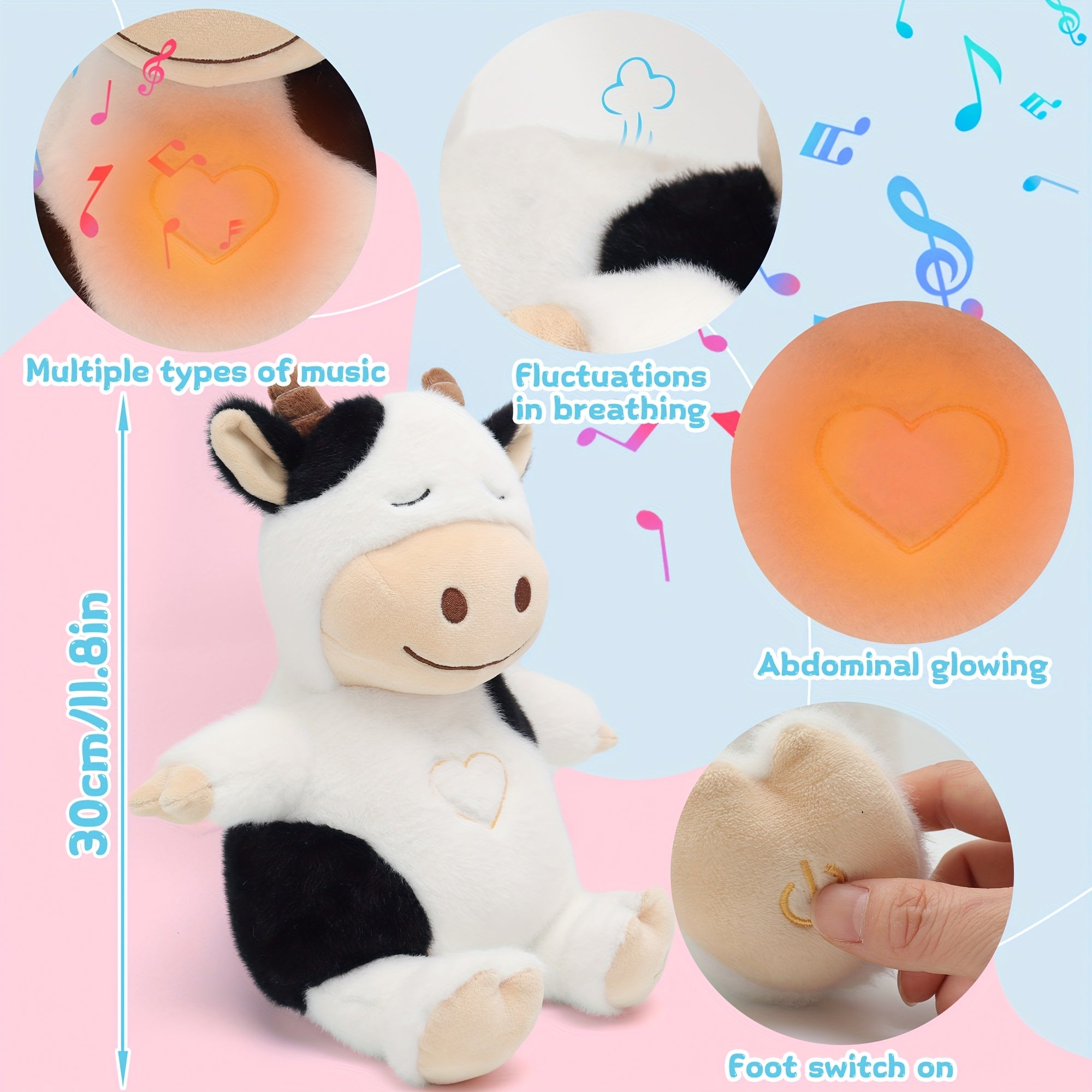 Vache Musicale en Peluche avec Respiration – Veilleuse Apaisante & Fonction Battement de Cœur | 8 Berceuses Douces, Cadeau d’Anniversaire ou de Noël pour Enfants