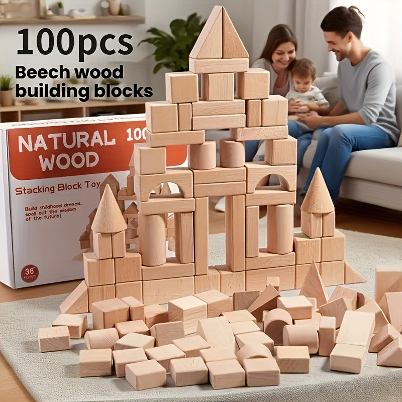 100 Blocs de Construction en Bois de Hêtre pour Enfants 3-12 Ans - Jeu Éducatif en Bois Massif pour l'Intelligence et la Créativité - Idéal Cadeau Noël Anniversaire