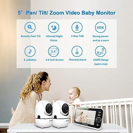 Moniteur Bébé Vidéo Sans WiFi 5 Pouces - Caméra Inclinable, Zoom et Vision Nocturne - Portée 300m et Longue Autonomie