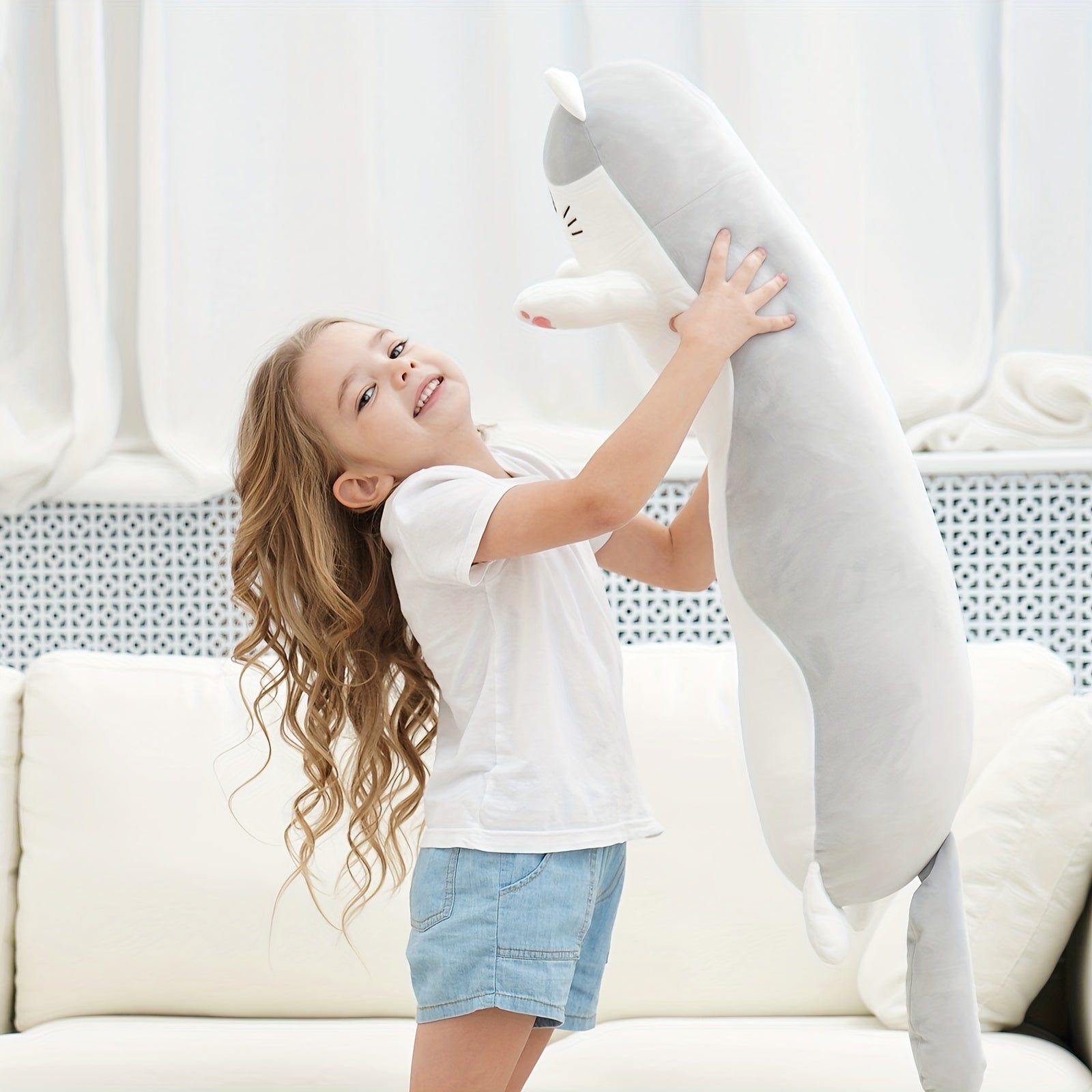 Coussin Long en Peluche Chat | Peluche Animée Chaton pour Câlins, Jouet Cadeau pour Enfants, Cadeau de Noël