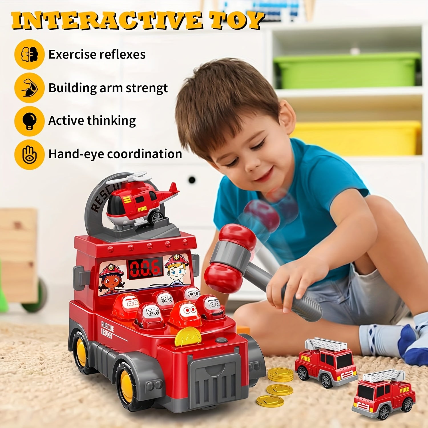 Jouet de Pompiers 4-en-1 avec Camion & Hélicoptère – Jeu Électronique pour Enfants Cadeau Anniversaire