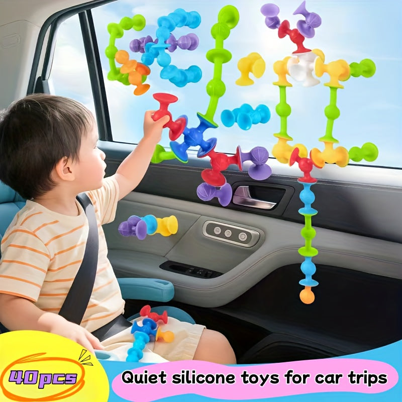 Ensemble de 40 Blocs de Construction à Ventouses en Silicone pour Enfants 3 Ans+ - Jouet Sensoriel de Construction Idéal Voyage et Fenêtre - Cadeau Éducatif Garçons Filles