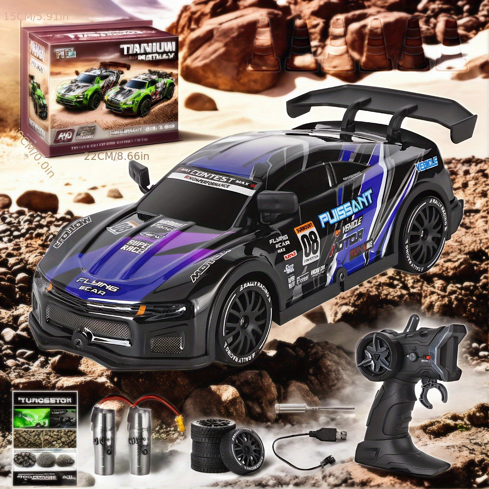 Voiture de drift télécommandée à grande vitesse avec lumières clignotantes LED - Mode Drift Batterie Li-Po rechargeable par USB, châssis robuste - Course pour enfants et adultes