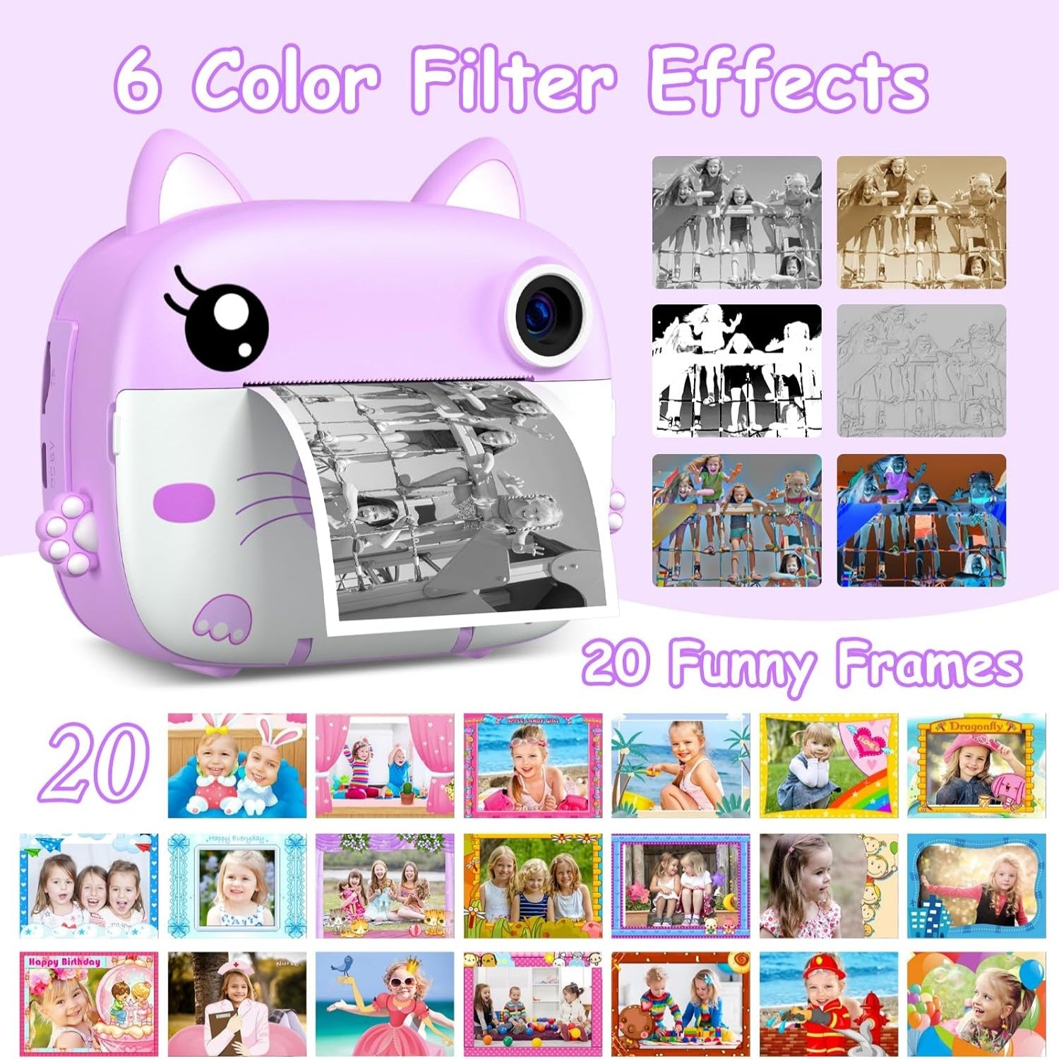 Instant Print Camera en Videocamera voor Kinderen vanaf 3 Jaar - Dual-Lens Printcamera met Selfie Functie en 32GB Kaart - Schattige Kat Speelgoedcamera