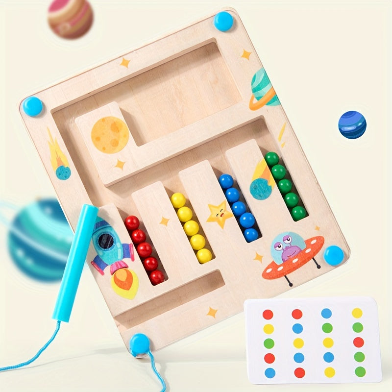 Jeu de Labyrinthe Magnétique en Bois pour Enfants 3 Ans et Plus - Puzzle Logique "Espace" avec Billes Colorées - Jouet Éducatif pour la Concentration