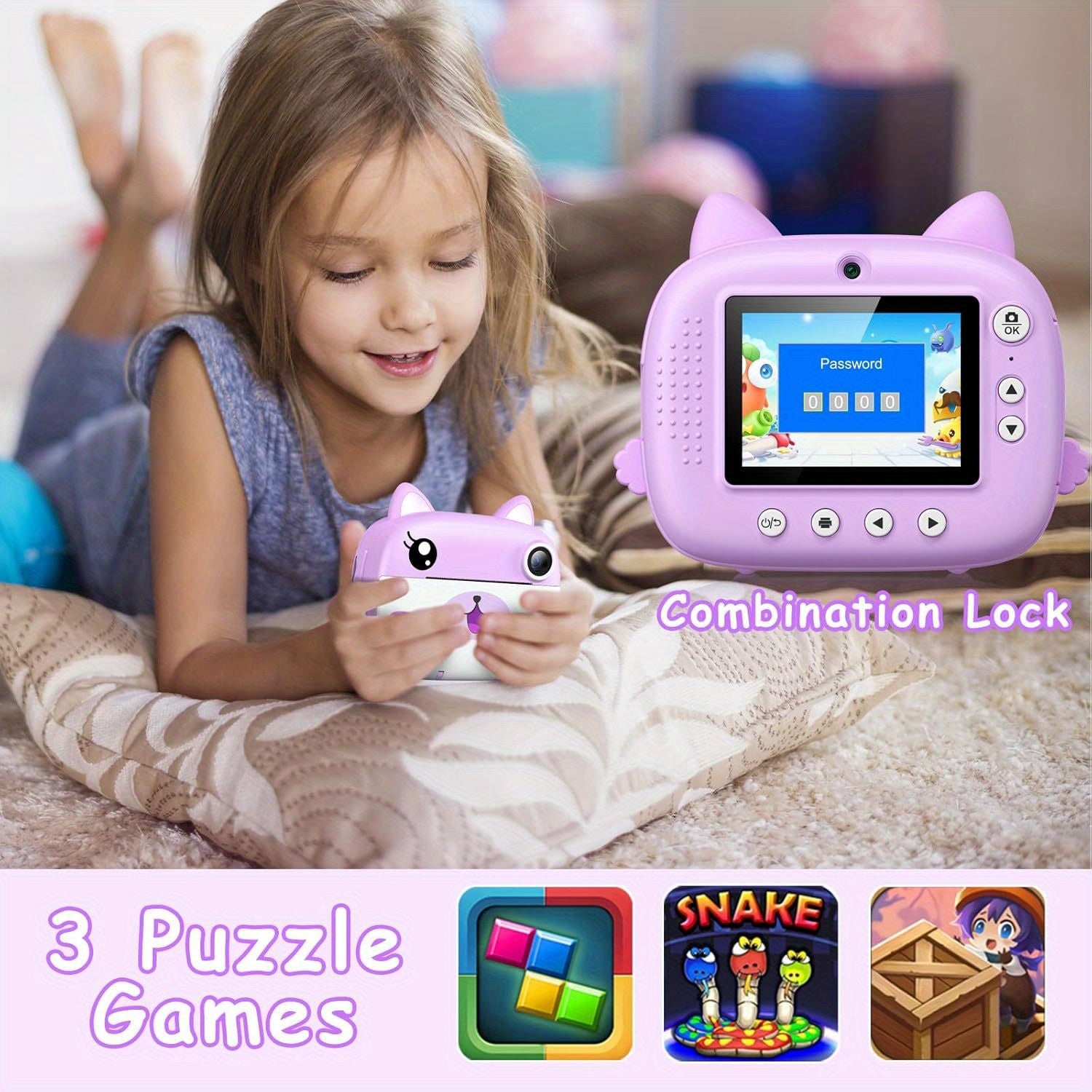 Instant Print Camera en Videocamera voor Kinderen vanaf 3 Jaar - Dual-Lens Printcamera met Selfie Functie en 32GB Kaart - Schattige Kat Speelgoedcamera