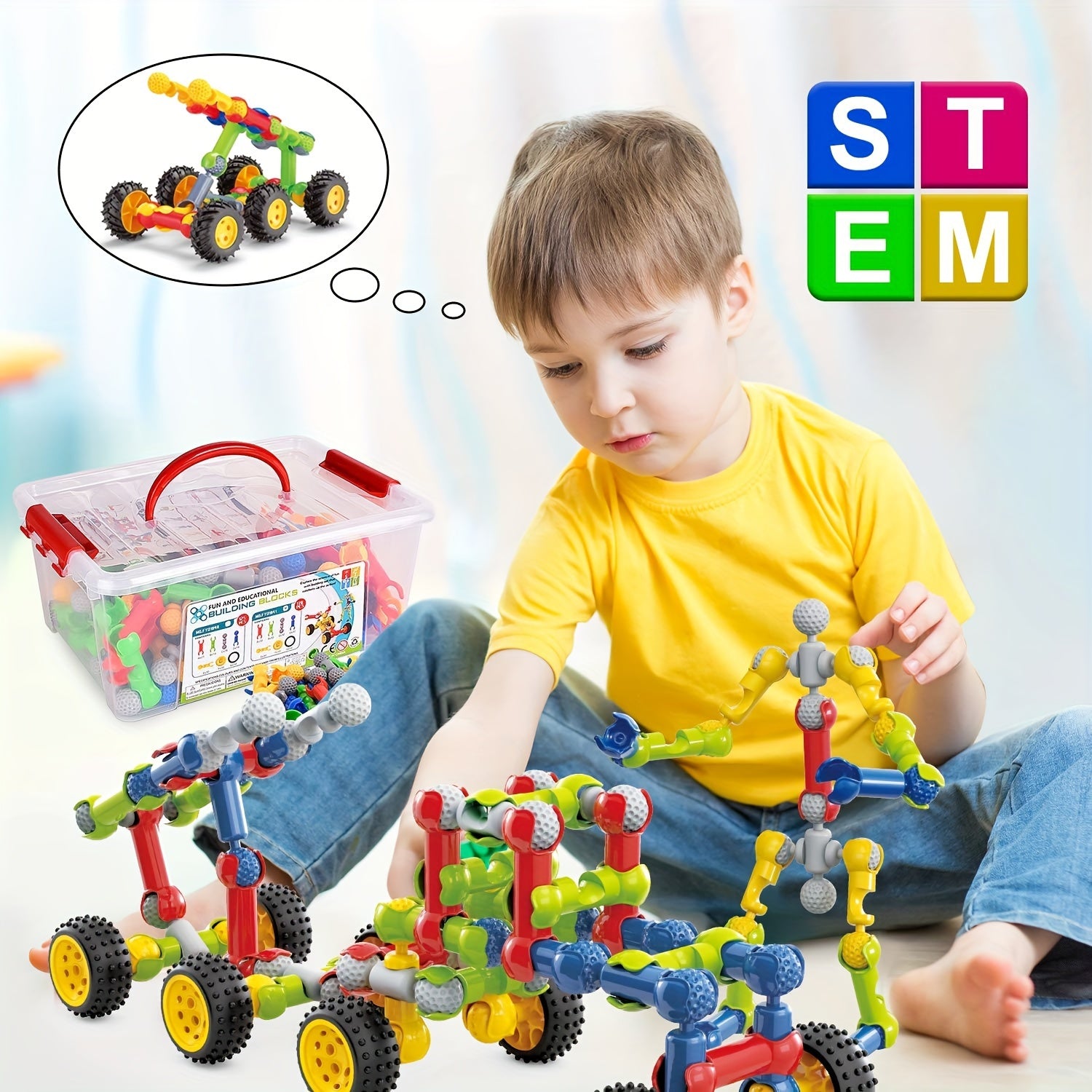 Blocs de Construction STEM Éducatifs pour Enfants 3 Ans et Plus - Kit d'Assemblage Créatif avec Boîte de Rangement - Jouet Idéal Garçons et Filles