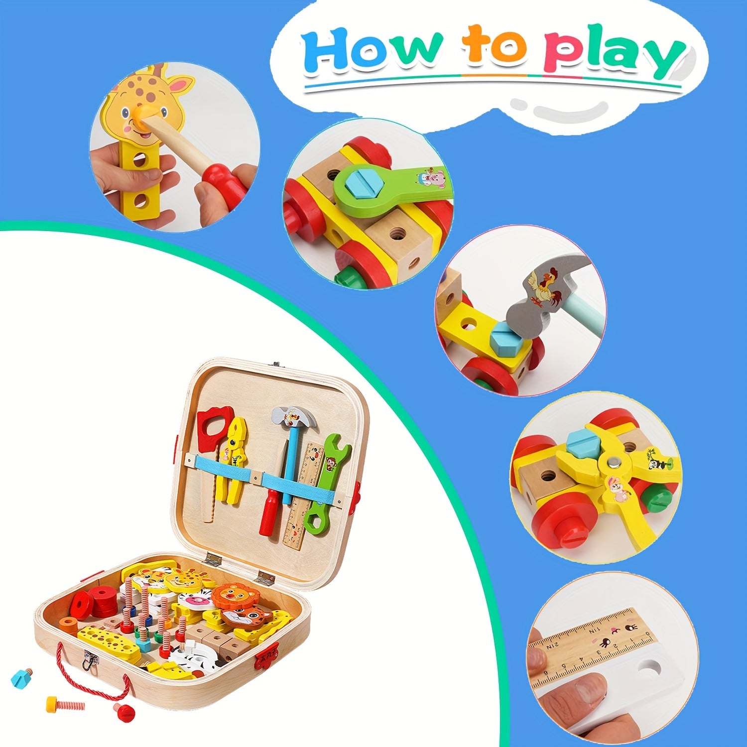 Boîte à Outils en Bois Animaux – Jeu de Construction Éducatif pour Filles & Garçons