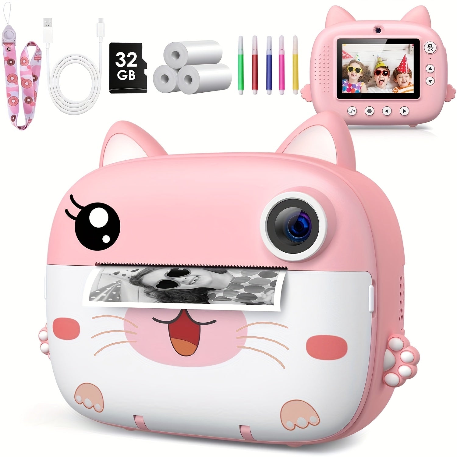 Instant Print Camera en Videocamera voor Kinderen vanaf 3 Jaar - Dual-Lens Printcamera met Selfie Functie en 32GB Kaart - Schattige Kat Speelgoedcamera