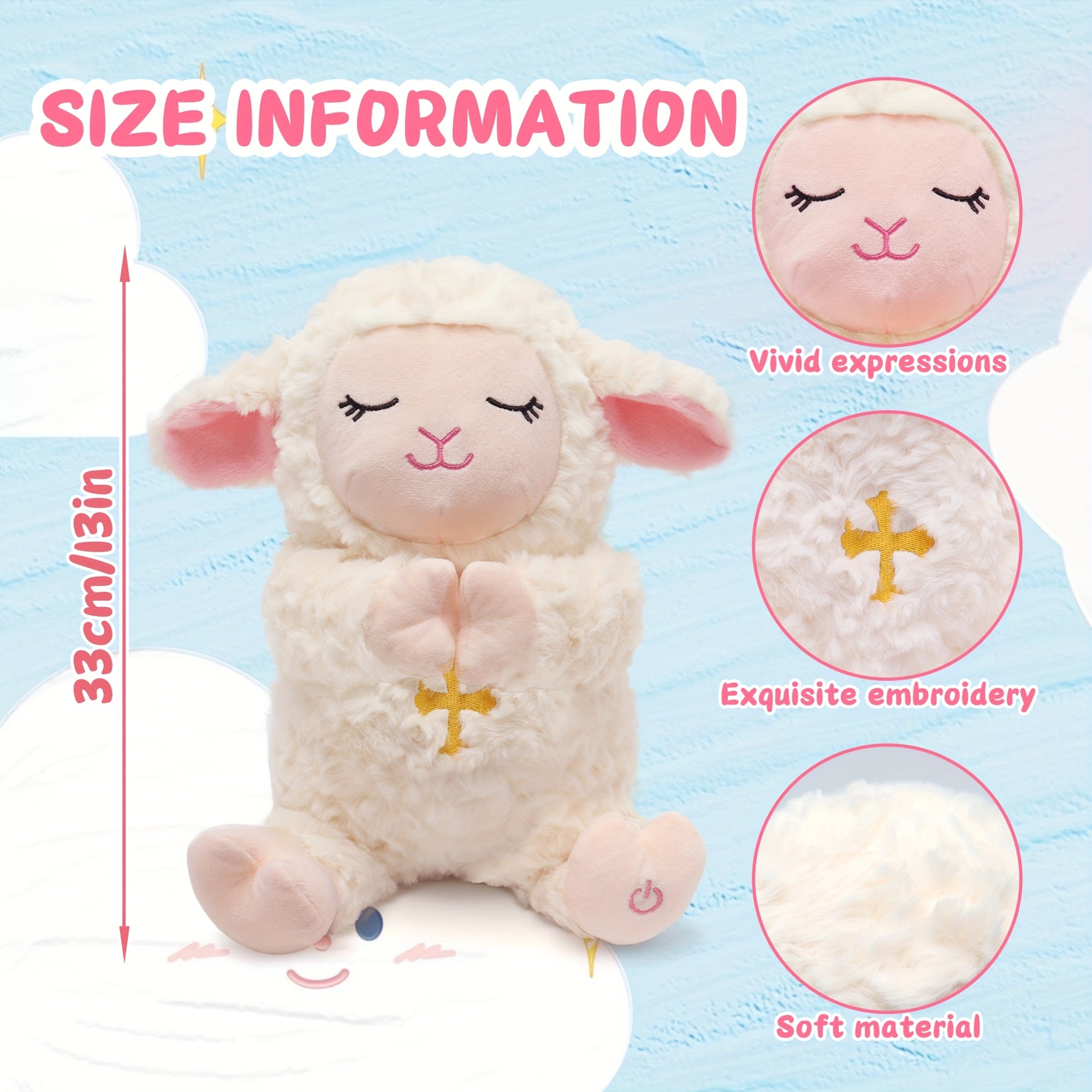 Agneau en Peluche Musical & Respirant – 8 Mélodies Douces, Bruit Blanc, Veilleuse & Volume Réglable | Cadeau de Naissance