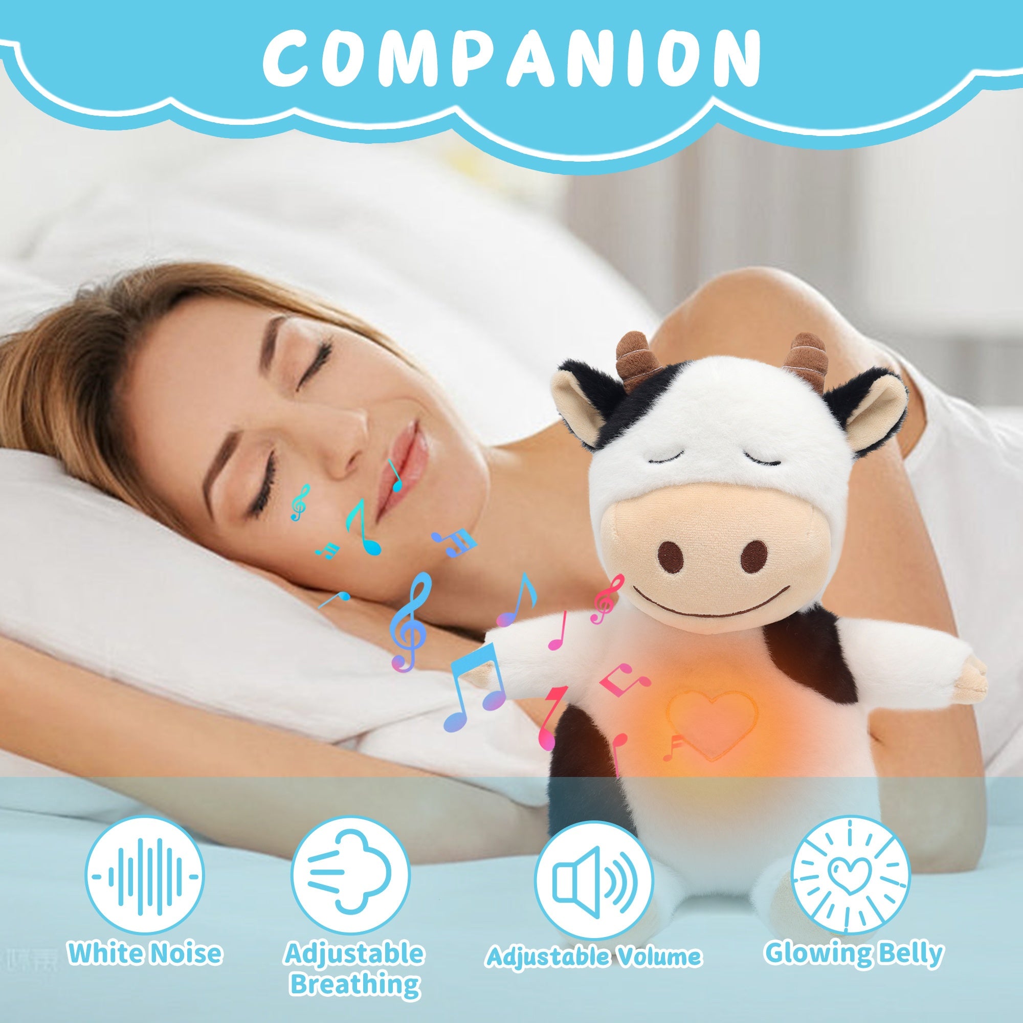 Vache Musicale en Peluche avec Respiration – Veilleuse Apaisante & Fonction Battement de Cœur | 8 Berceuses Douces, Cadeau d’Anniversaire ou de Noël pour Enfants