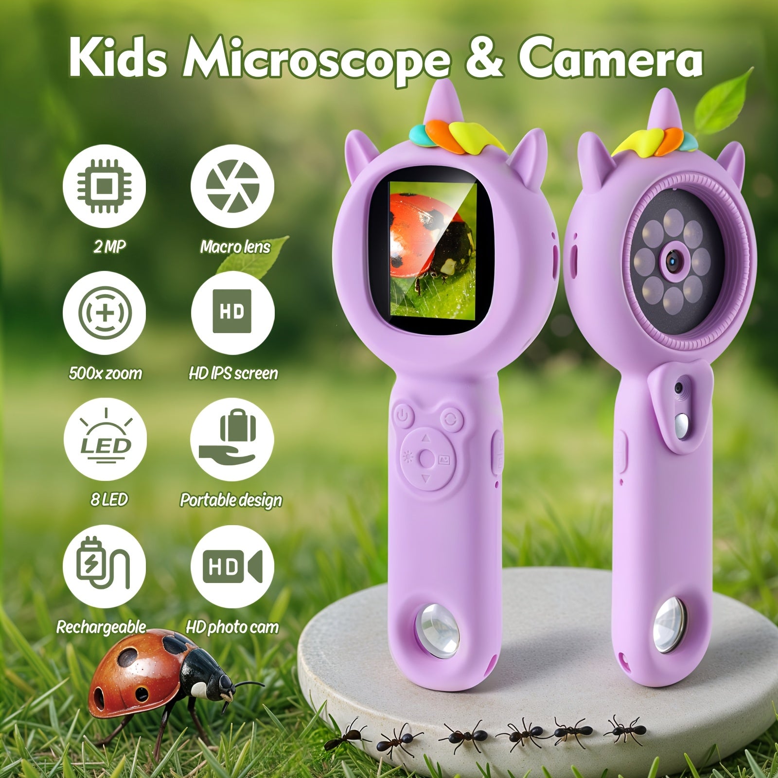 Microscope Numérique Portable pour Enfants 3-12 Ans Garçons Filles - Caméra HD avec Grossissement 500x et Carte SD 32Go Incluse - Jouet Scientifique Éducatif Cadeau Anniversaire Noël