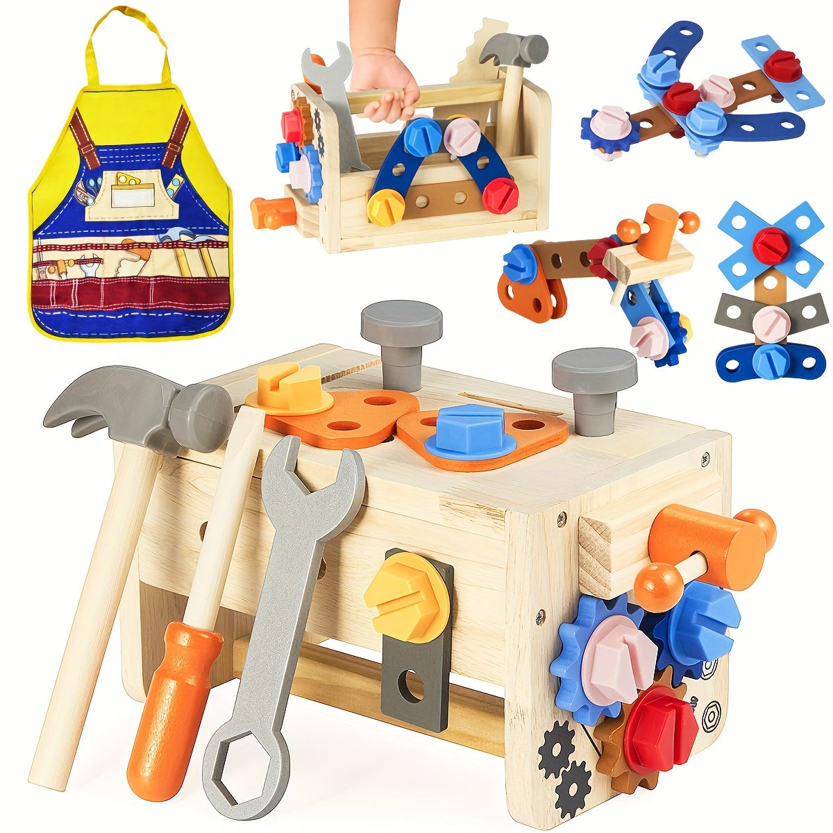 Établi d'Outils en Bois Montessori pour Enfants 3 Ans et Plus - Kit de Construction STEM 39 Pièces avec Boîte à Outils et Tablier - Cadeau Anniversaire Garçon Fille