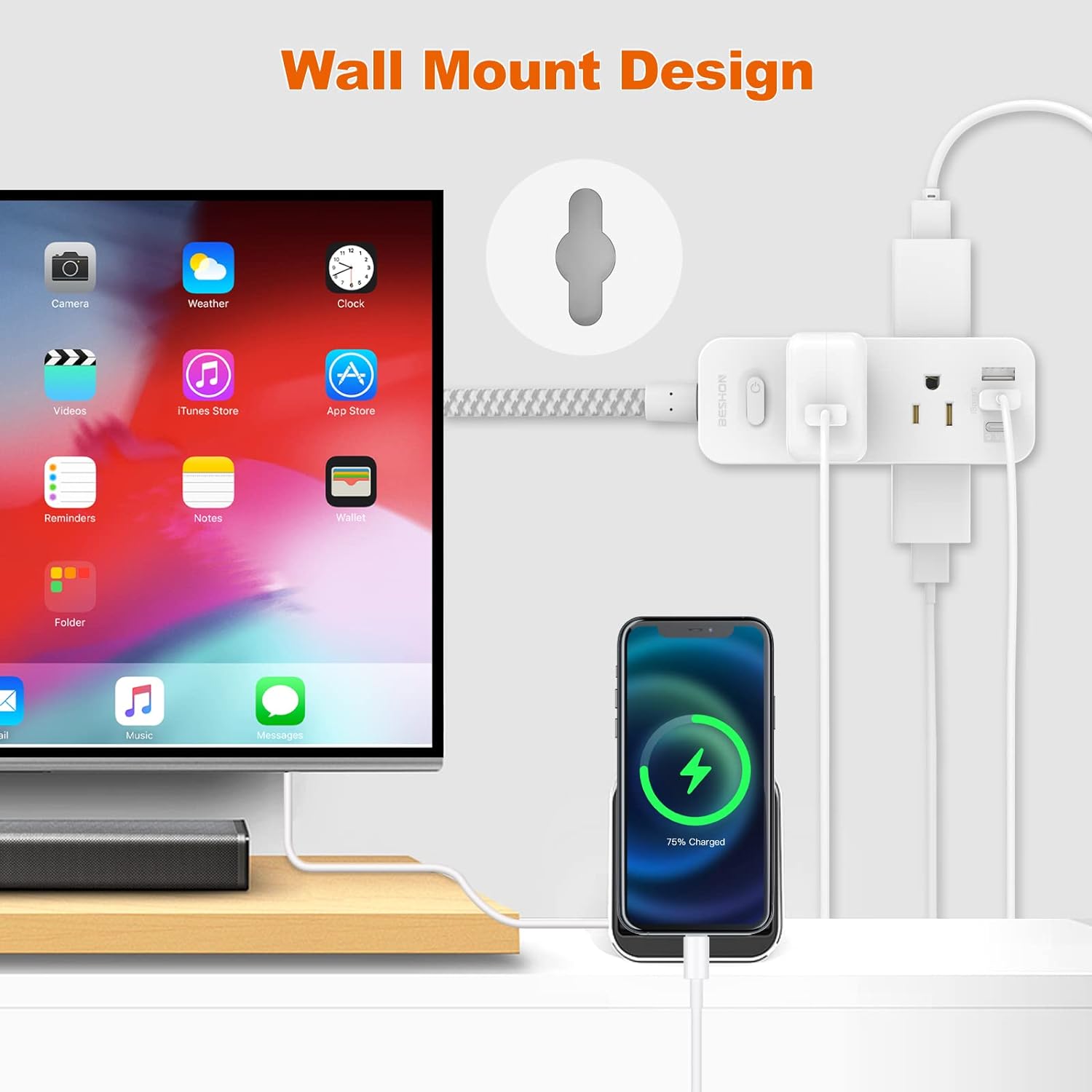 Multiprise avec Protection Contre les Surtensions à 6 Prises | Cordon d'Alimentation 1,5 m avec 3 Ports USB, Extendeur de Prise Murale King of Toys