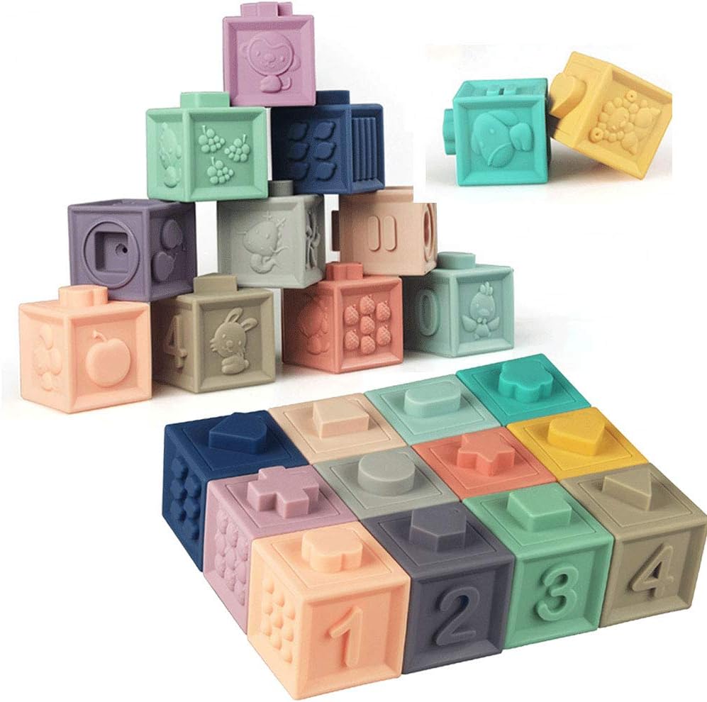 Blocs empilables sensoriels doux pour bébés et tout-petits | Jouets de bain Montessori | Apprentissage précoce pour les 6-36 mois