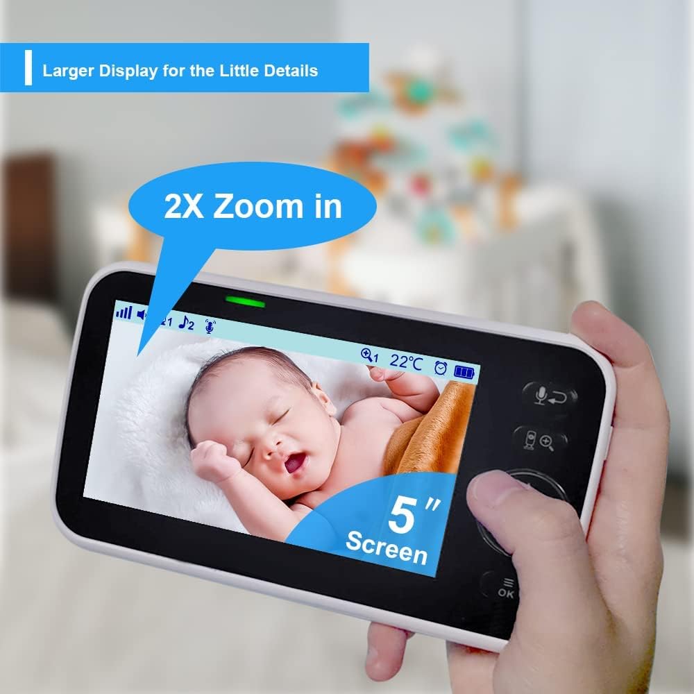 Moniteur Bébé Vidéo Sans WiFi 5 Pouces - Caméra Inclinable, Zoom et Vision Nocturne - Portée 300m et Longue Autonomie