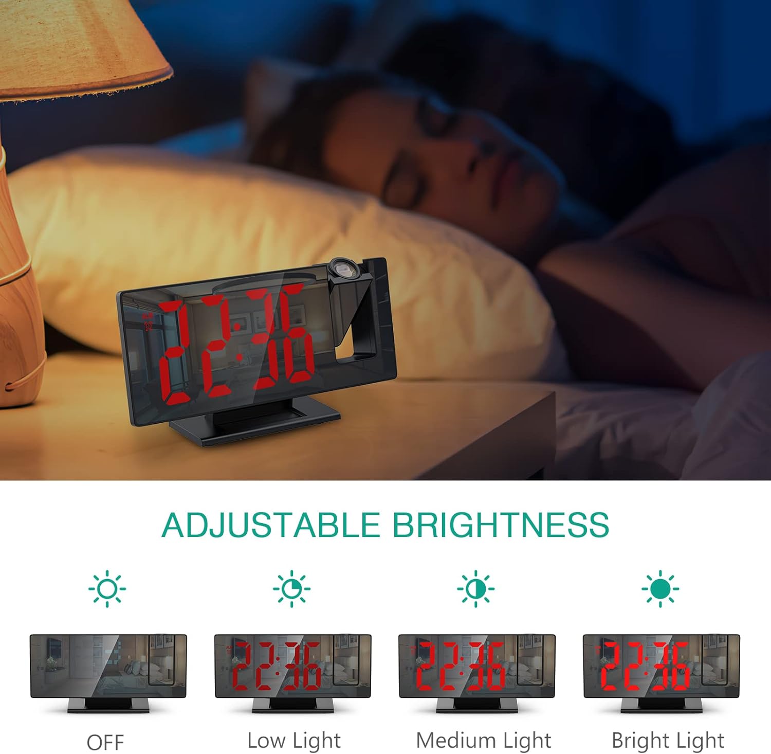 Radio-réveil avec projecteur et fonction de répétition l Horloge électronique à LED l Luminosité réglable l De Speelgoedkoning