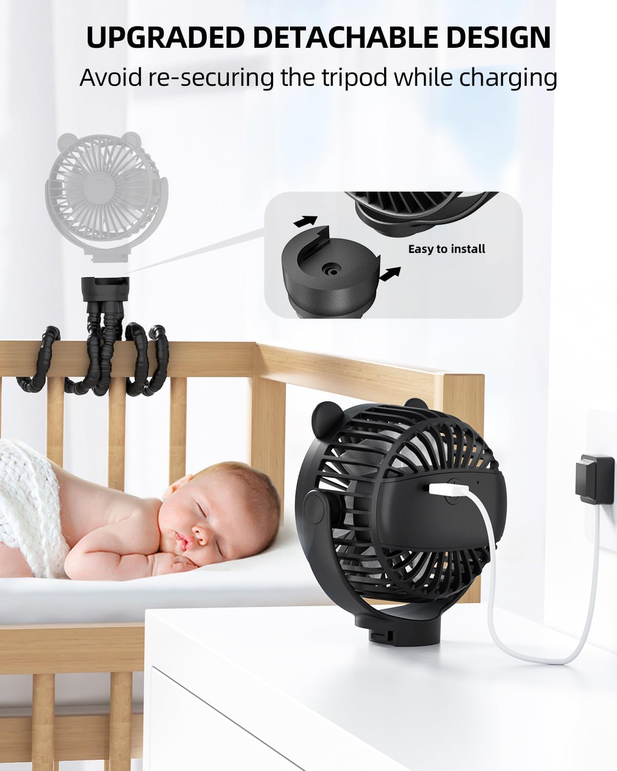 Ventilateur Portable Rechargeable pour Poussette et Voyage - Mini Ventilateur à Pince Flexible 360° avec Affichage Numérique - Essentiel Bébé Été