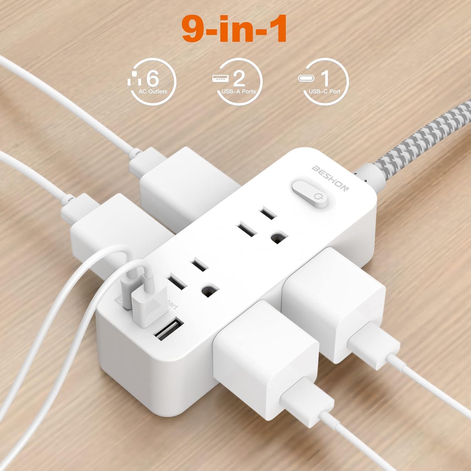 Multiprise avec Protection Contre les Surtensions à 6 Prises | Cordon d'Alimentation 1,5 m avec 3 Ports USB, Extendeur de Prise Murale King of Toys