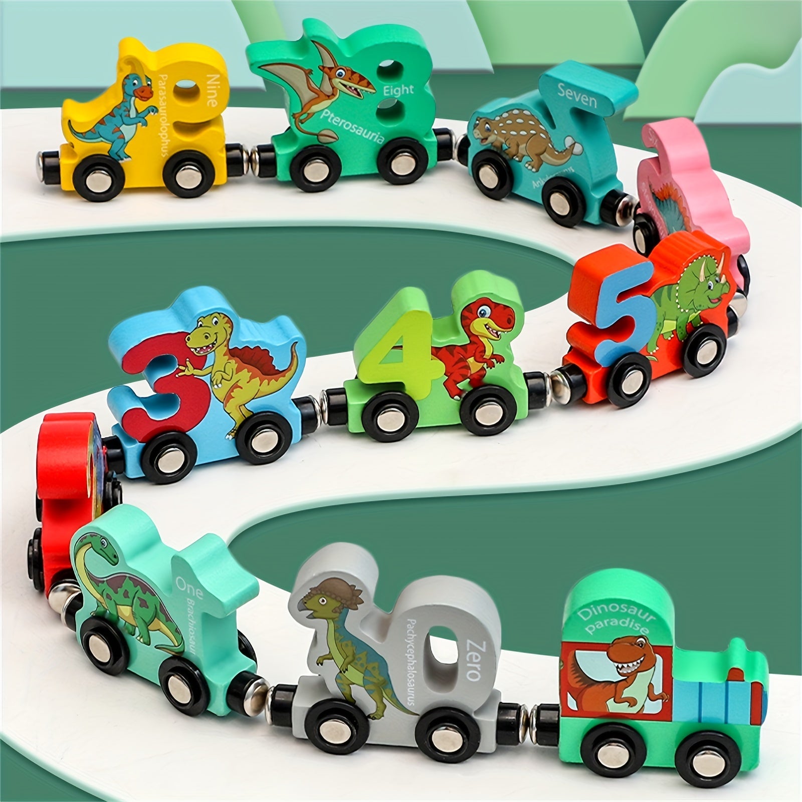 Jouet Train Magnétique en Bois Dinosaure 11pcs avec Chiffres | Train Éducatif Visuel et Puzzle pour Enfants d'Âge Préscolaire