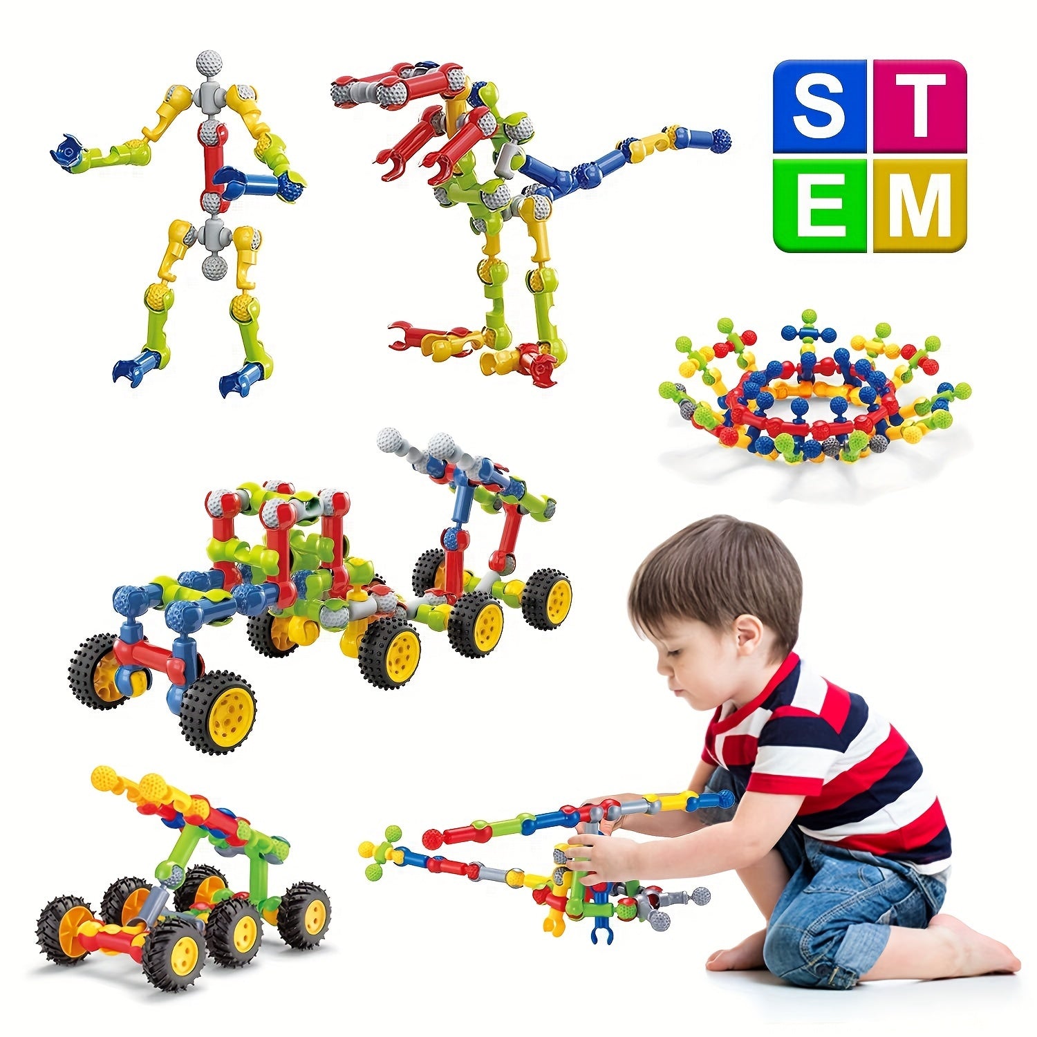 Blocs de Construction STEM Éducatifs pour Enfants 3 Ans et Plus - Kit d'Assemblage Créatif avec Boîte de Rangement - Jouet Idéal Garçons et Filles