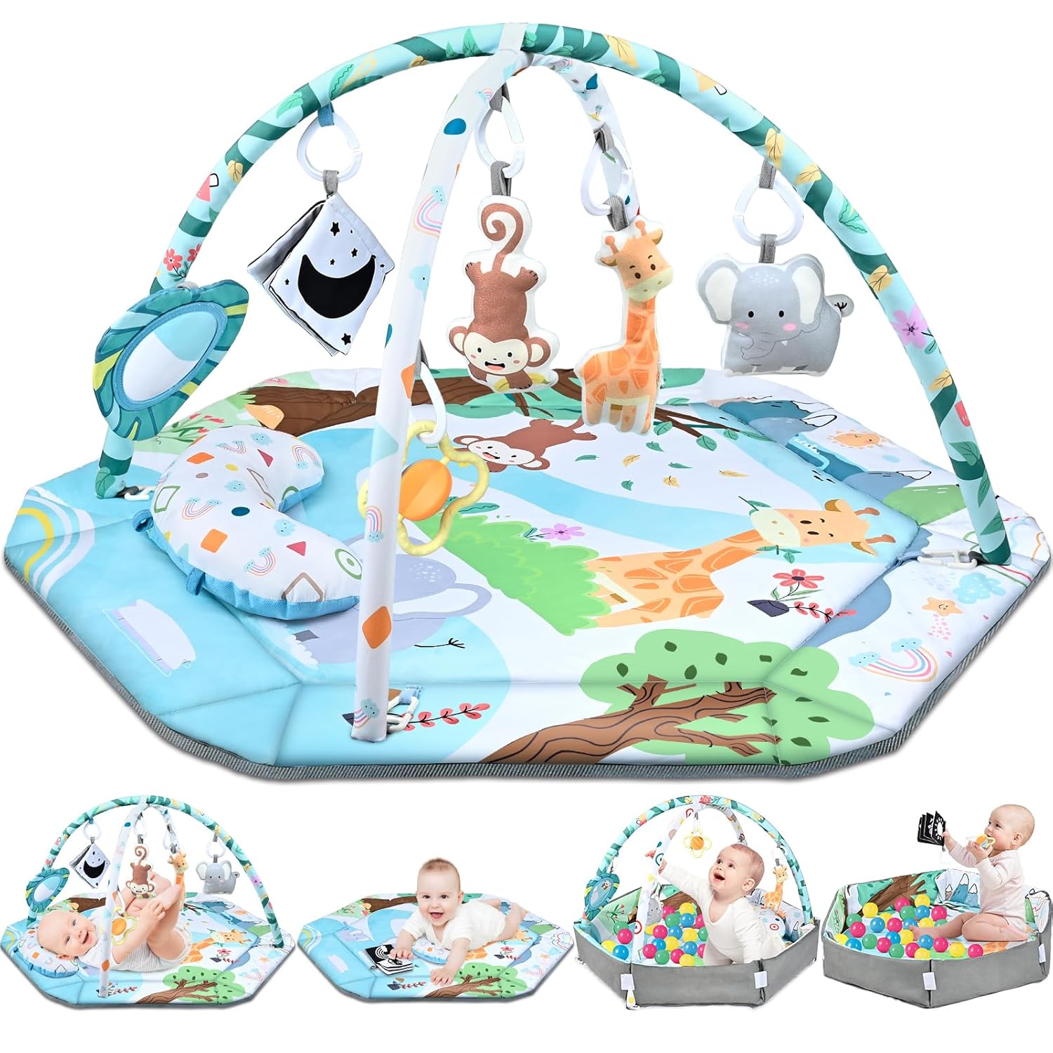 Tapis de Jeu 8-en-1 Tummy Time & Piscine à Balles avec 6 Jouets | Tapis d'Activité Bébé Lavable pour Développement Visuel, Auditif, Sensoriel et Moteur, Cadeau de Jouets pour Enfants en Bas Âge King of Toys