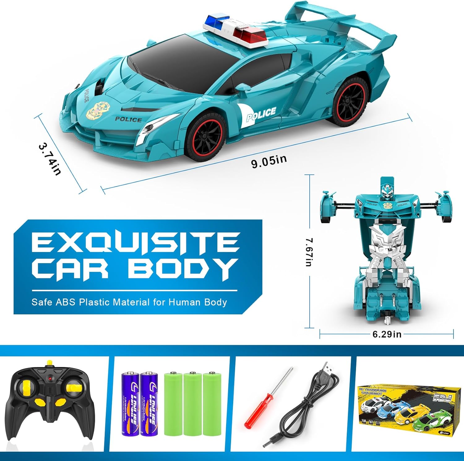 Voiture-robot transformable télécommandée | Voiture de police RC avec transformation à un bouton, lumière clignotante et rotation à 360° pour enfants King of Toys