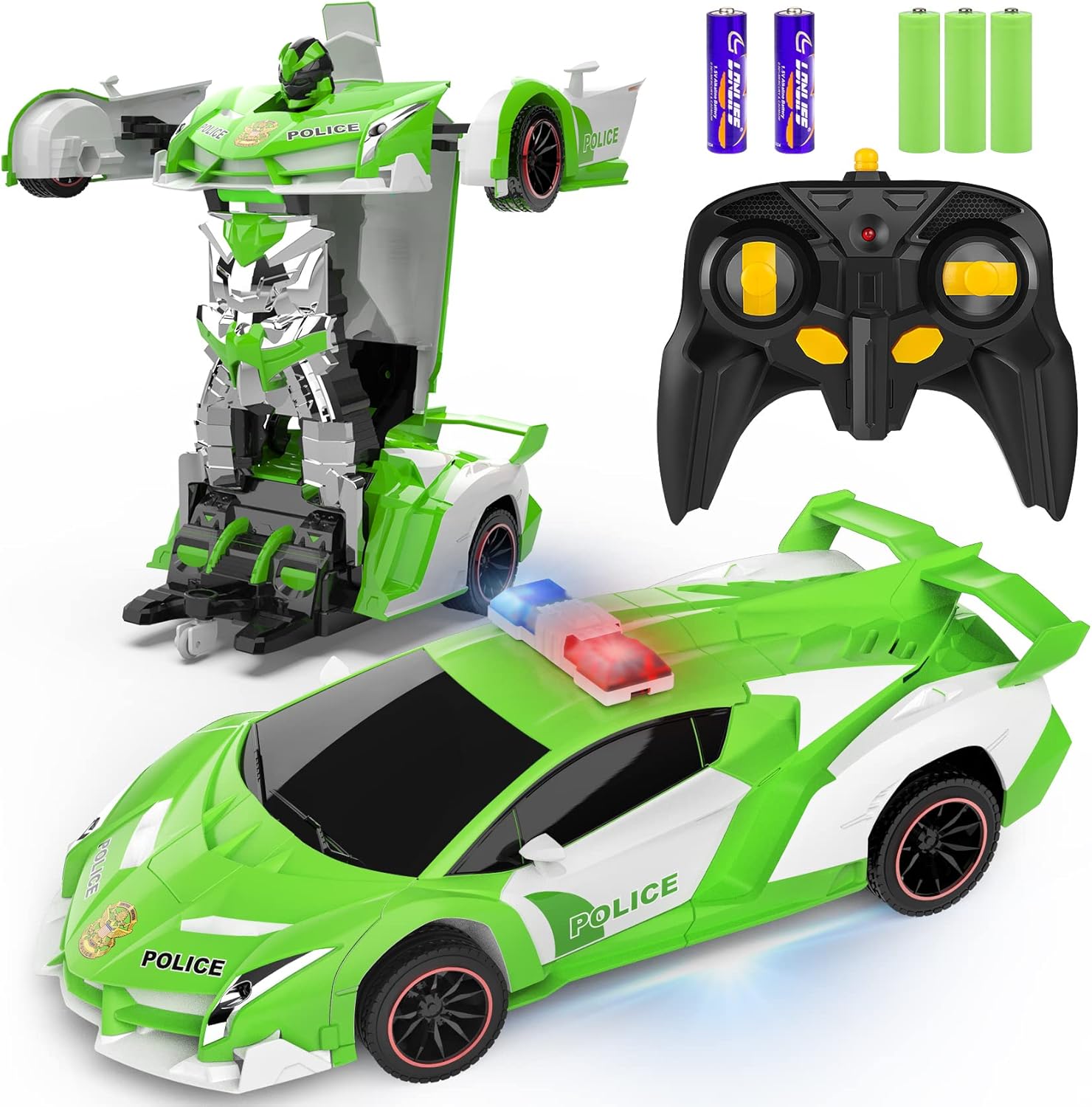 Voiture-robot transformable télécommandée | Voiture de police RC avec transformation à un bouton, lumière clignotante et rotation à 360° pour enfants King of Toys