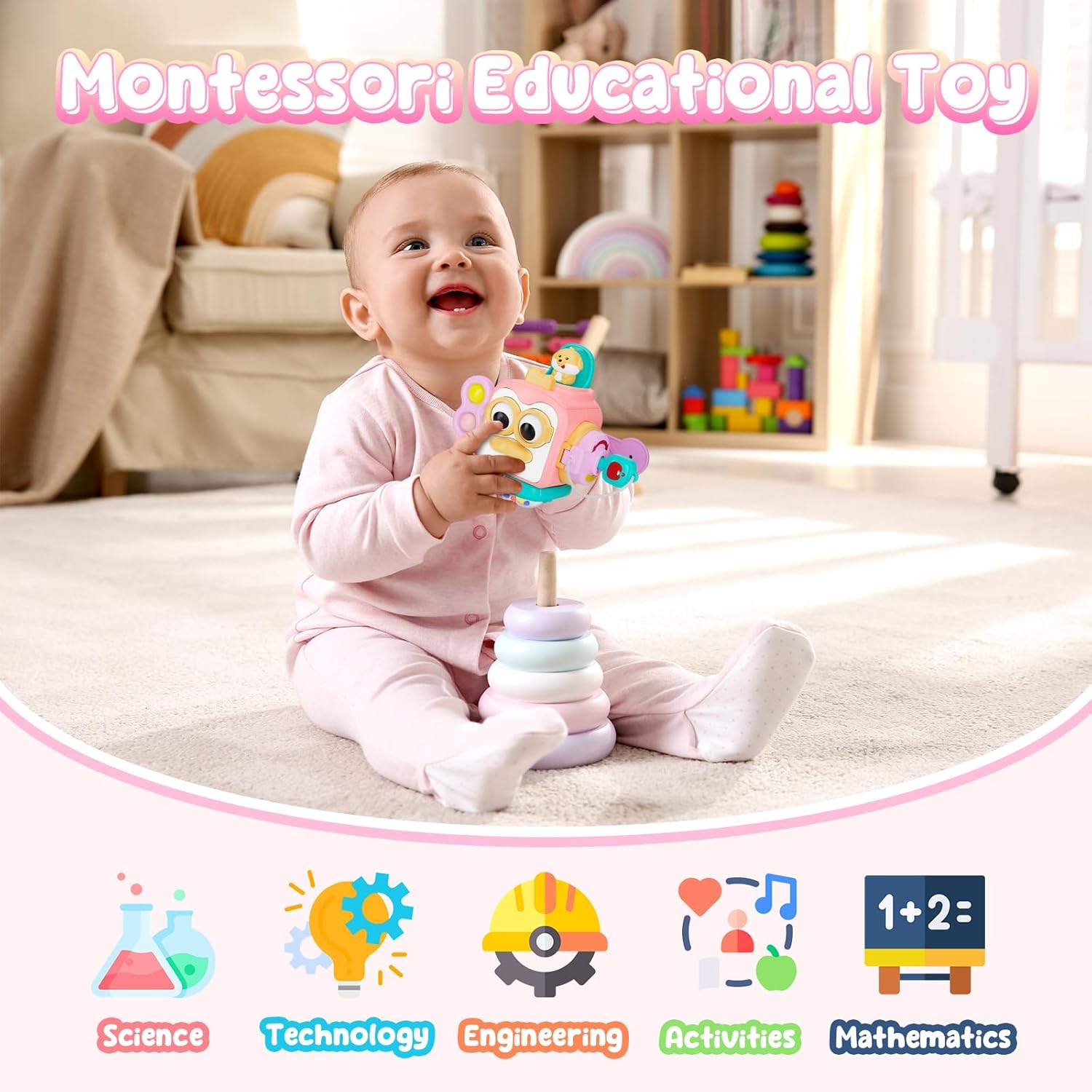 Cube d’Activités Montessori | Jouet Éducatif de Compétences Motrices pour le Voyage, pour Tout-Petits 1-3 Ans