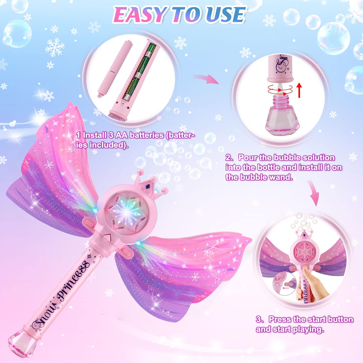 Baguette Magique à Bulles pour Filles 3-8 Ans - Machine à Bulles LED et Musique - Jouet Fée Princesse Idéal Cadeau Anniversaire Fête Extérieure