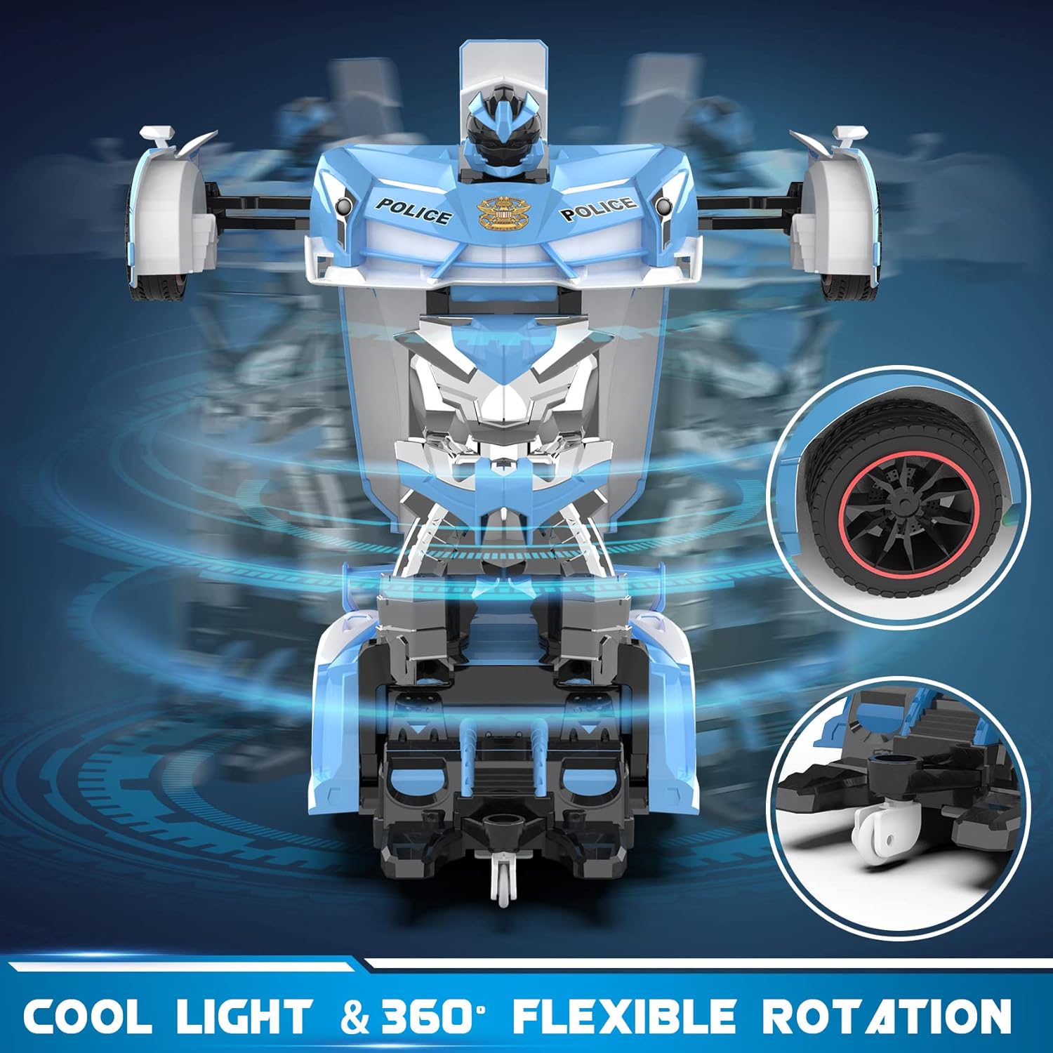 Voiture-robot transformable télécommandée | Voiture de police RC avec transformation à un bouton, lumière clignotante et rotation à 360° pour enfants King of Toys