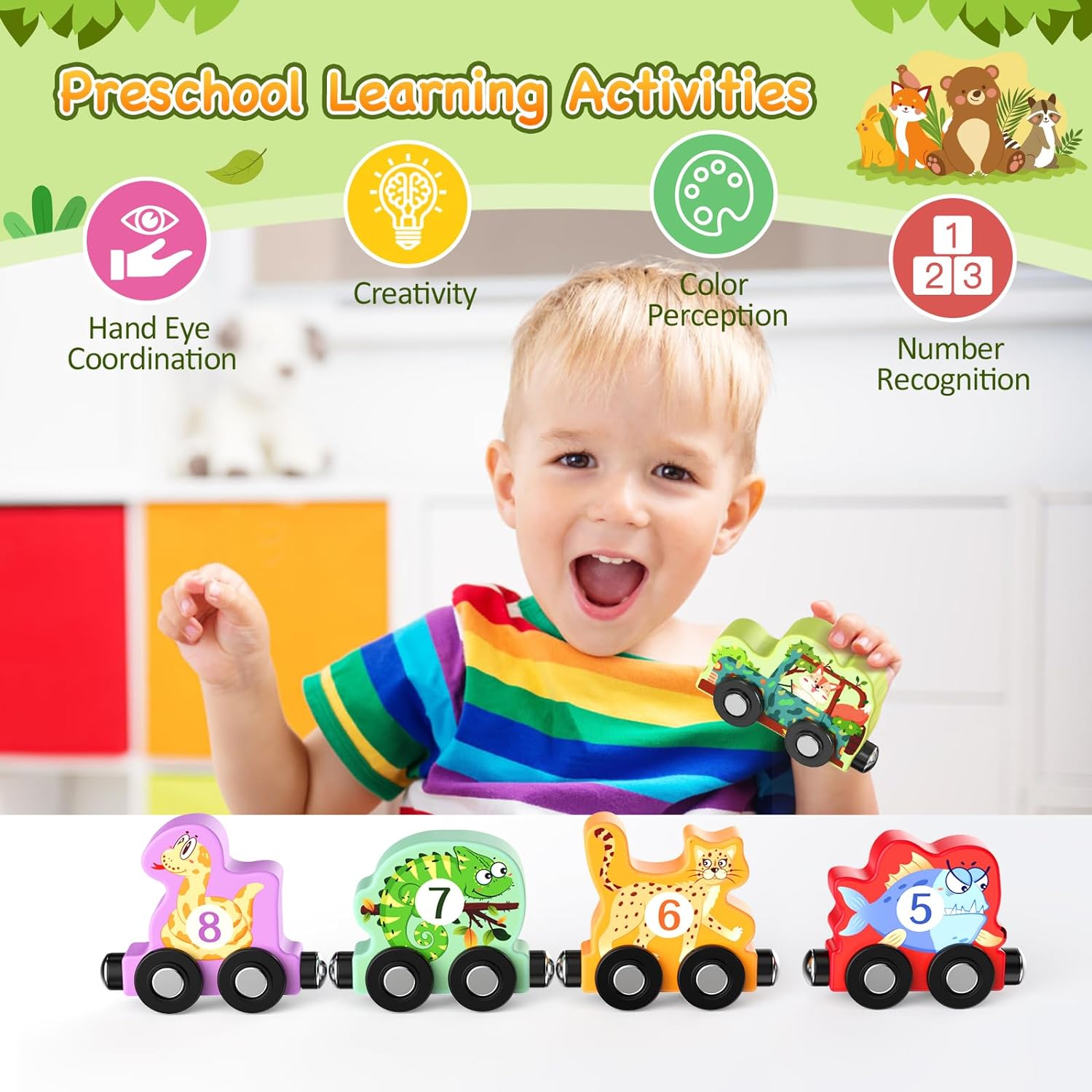 Ensemble de train en bois magnétique avec 11 animaux | Jouets Montessori pour activités d'apprentissage préscolaire des tout-petits King of Toys