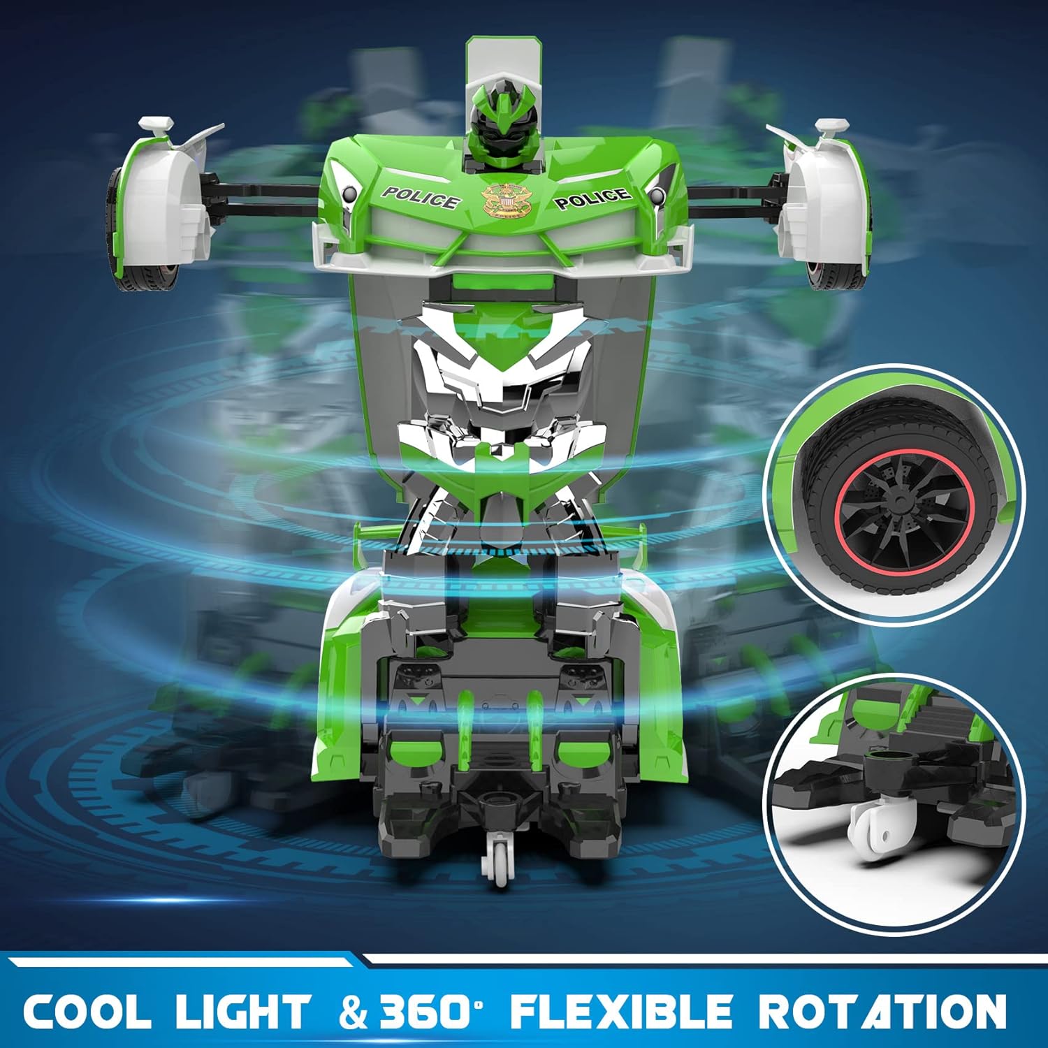 Voiture-robot transformable télécommandée | Voiture de police RC avec transformation à un bouton, lumière clignotante et rotation à 360° pour enfants King of Toys